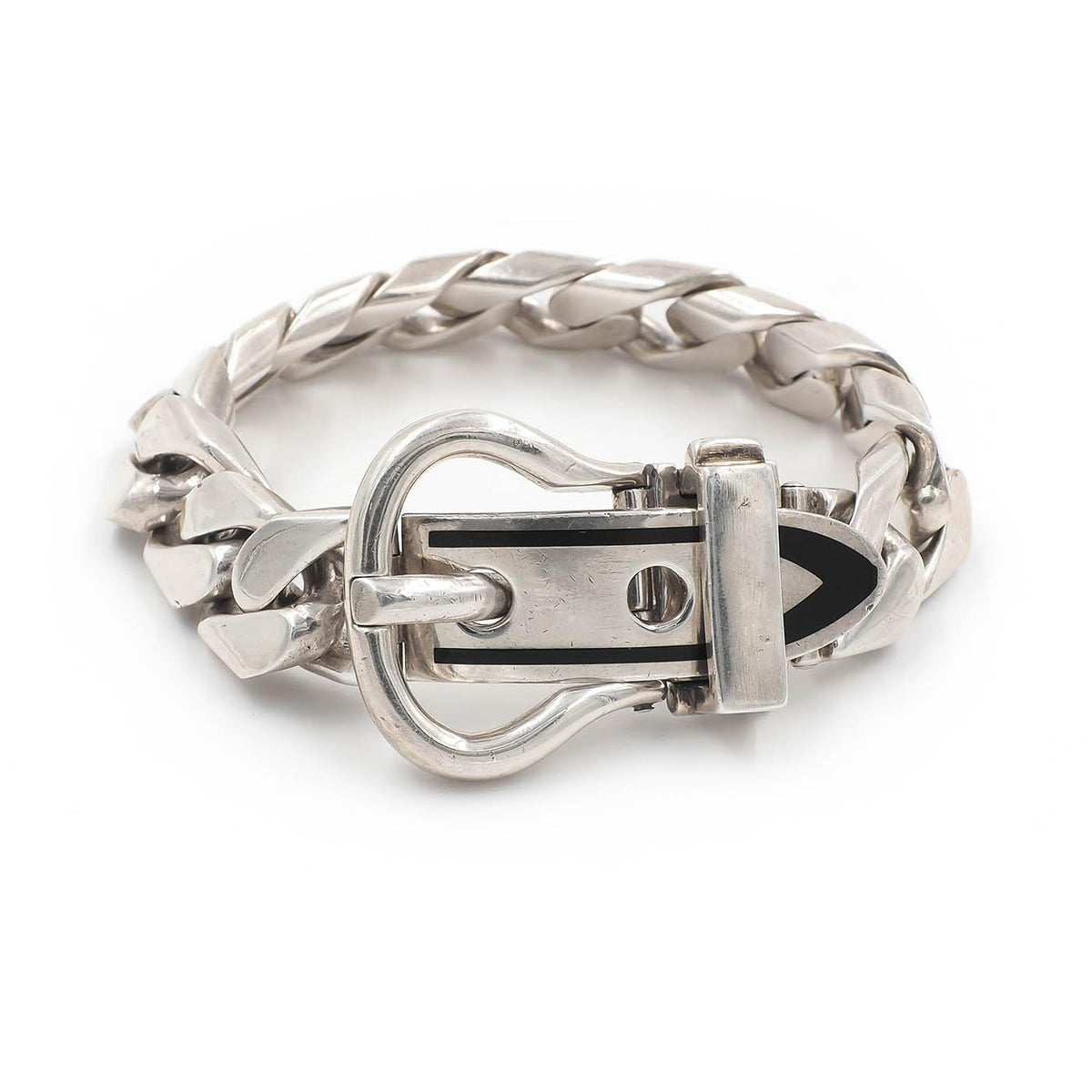 Vintage Buckle, Black Enamel, & Curb Link Bracelet by Gucci