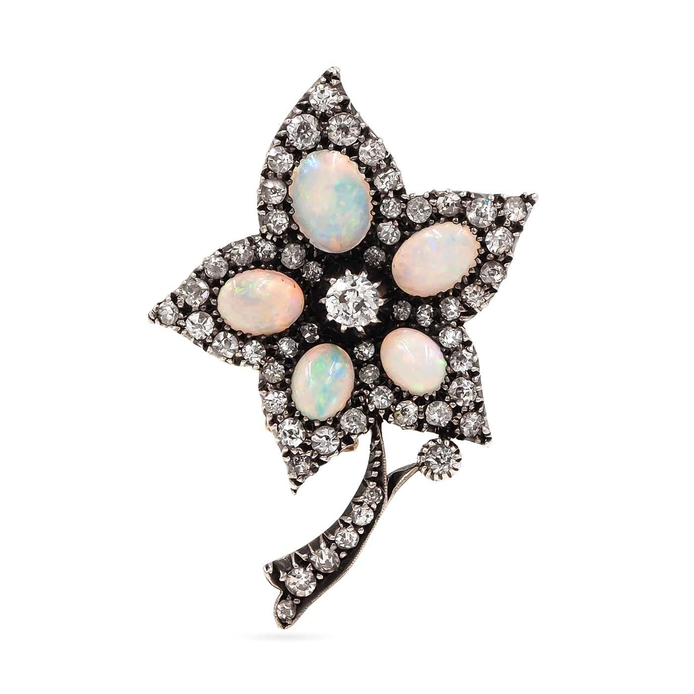 Victorian 1.25 Ctw. Diamond & Opal 'Ivy' Brooch