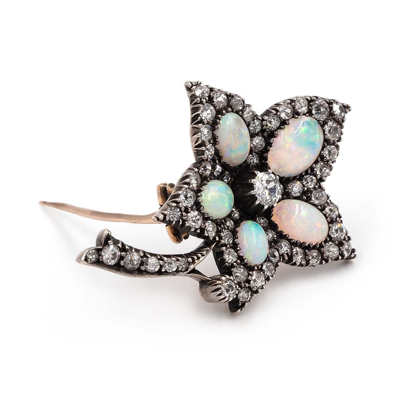 Victorian 1.25 Ctw. Diamond & Opal 'Ivy' Brooch