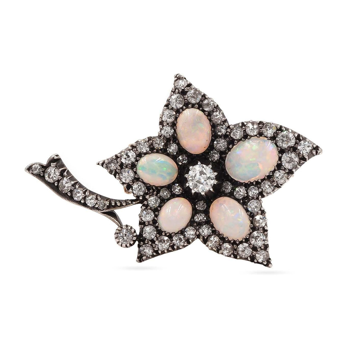 Victorian 1.25 Ctw. Diamond & Opal 'Ivy' Brooch