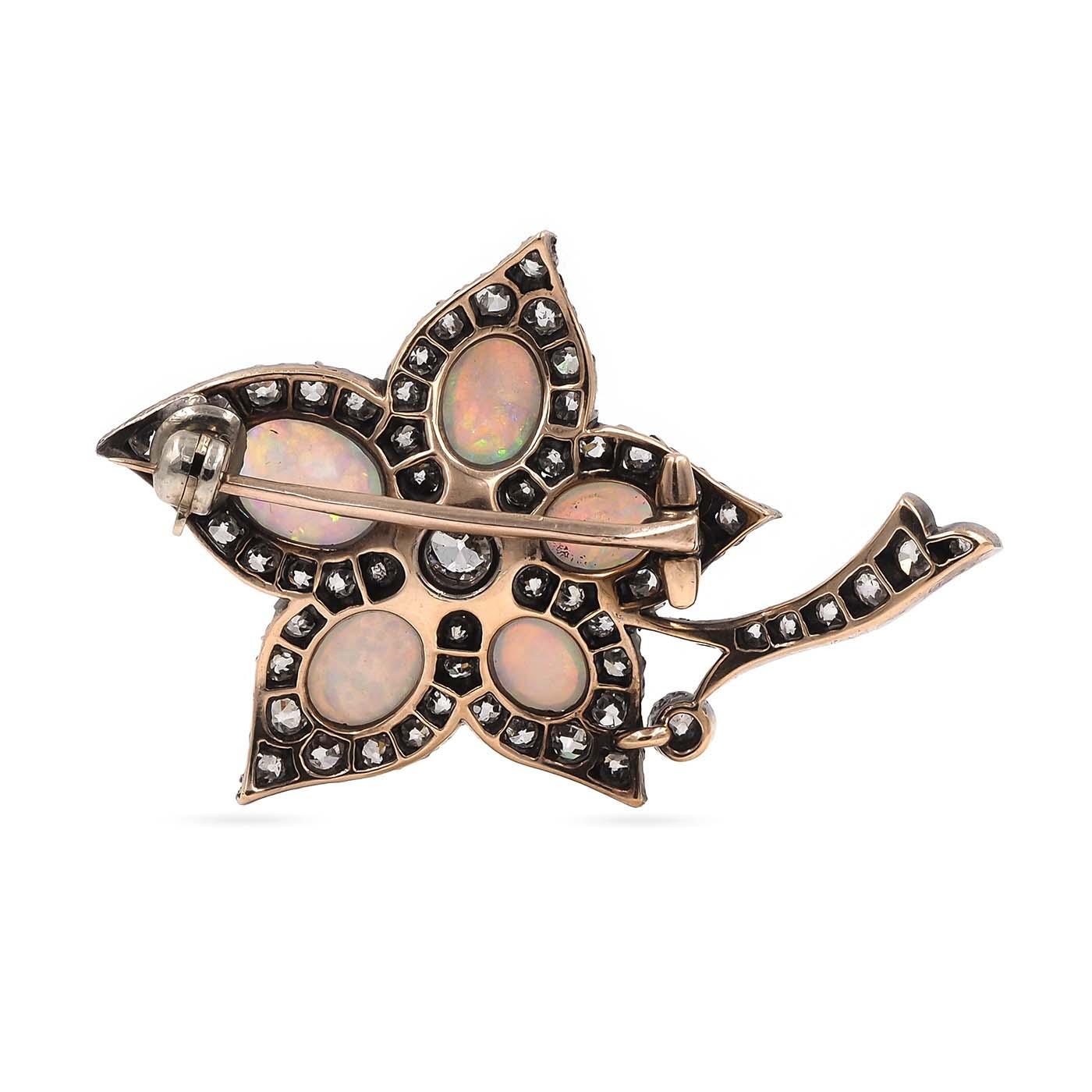 Victorian 1.25 Ctw. Diamond & Opal 'Ivy' Brooch
