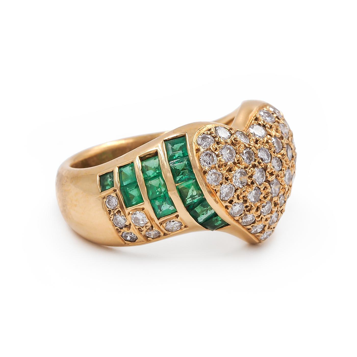 Vintage 0.50 Ctw. Diamond & 1.75 Ctw Emerald Heart Ring