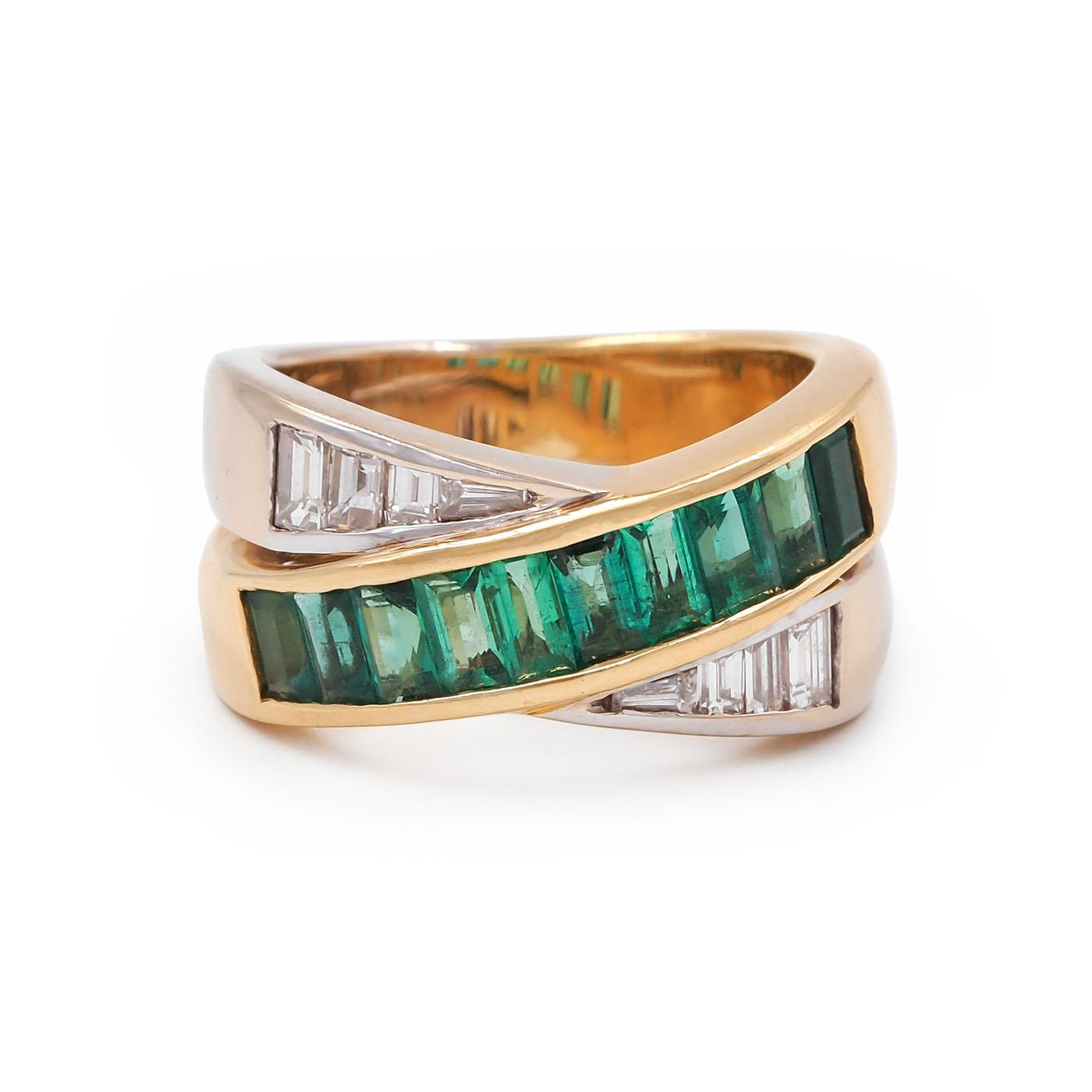 Vintage 1.00 Ctw. Emerald & 0.36 Ctw. Baguette Cut Diamond Bypassing Two-TonRing