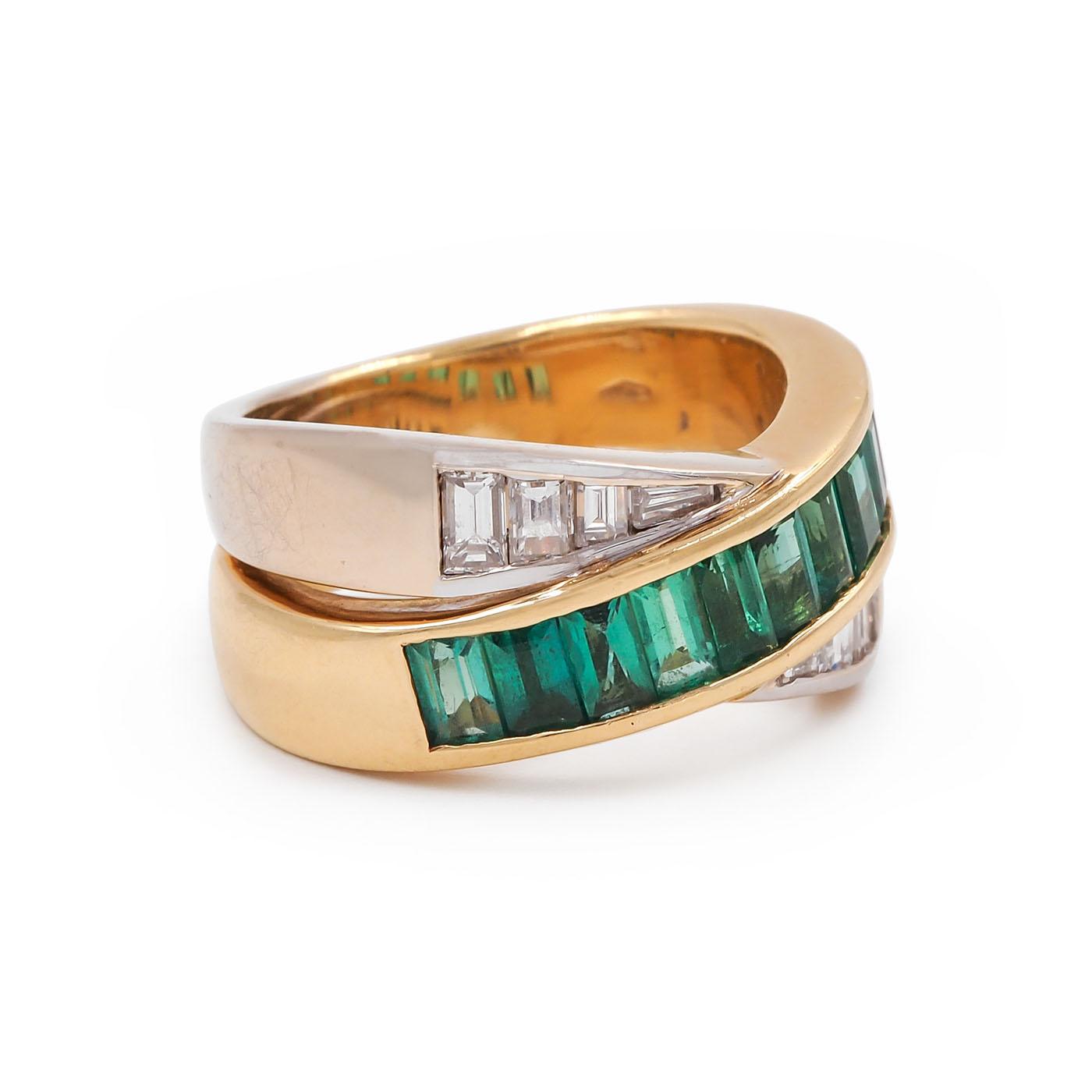 Vintage 1.00 Ctw. Emerald & 0.36 Ctw. Baguette Cut Diamond Bypassing Two-TonRing