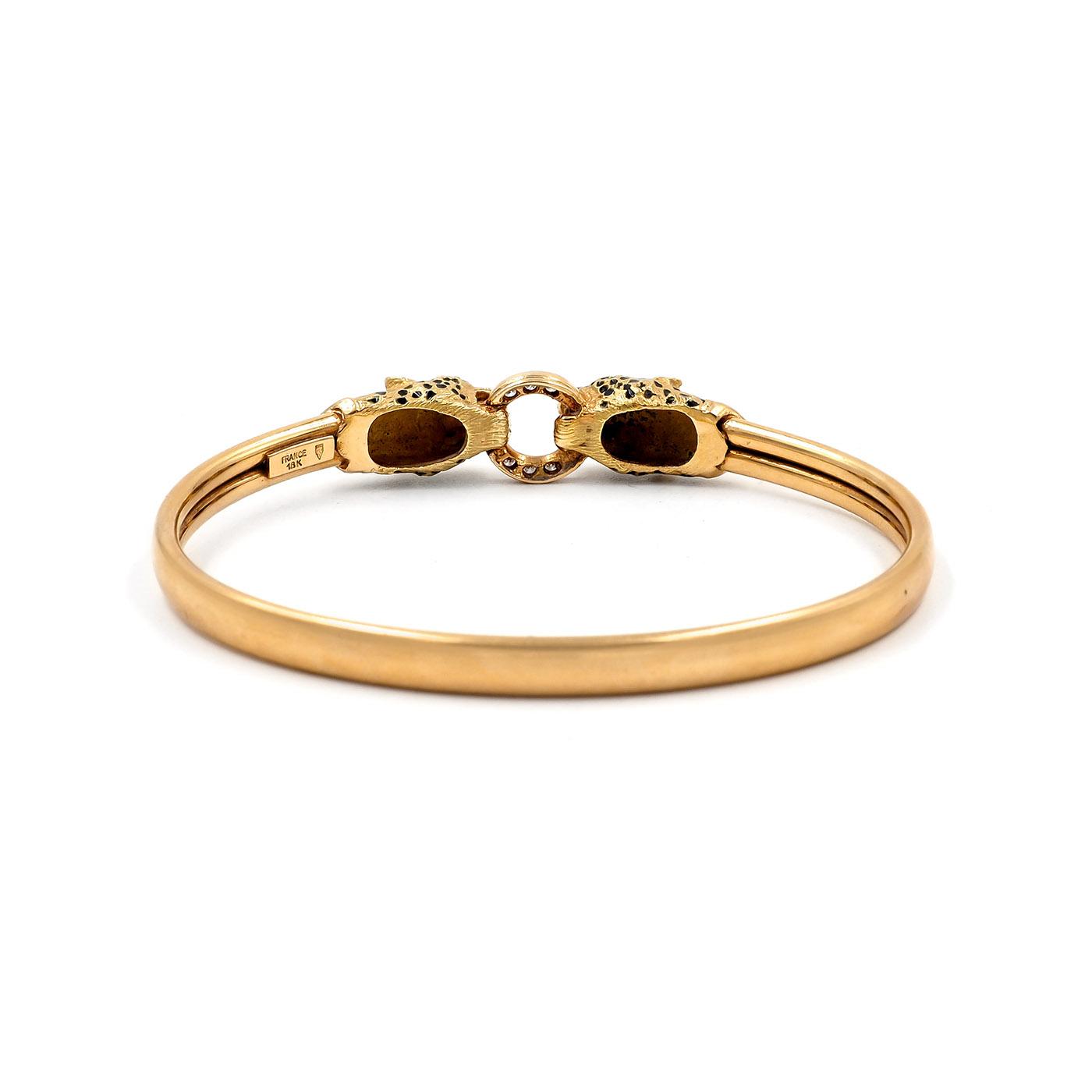 Vintage Double Panther Head & Diamond Cuff Bangle Bracelet by Gay Frères