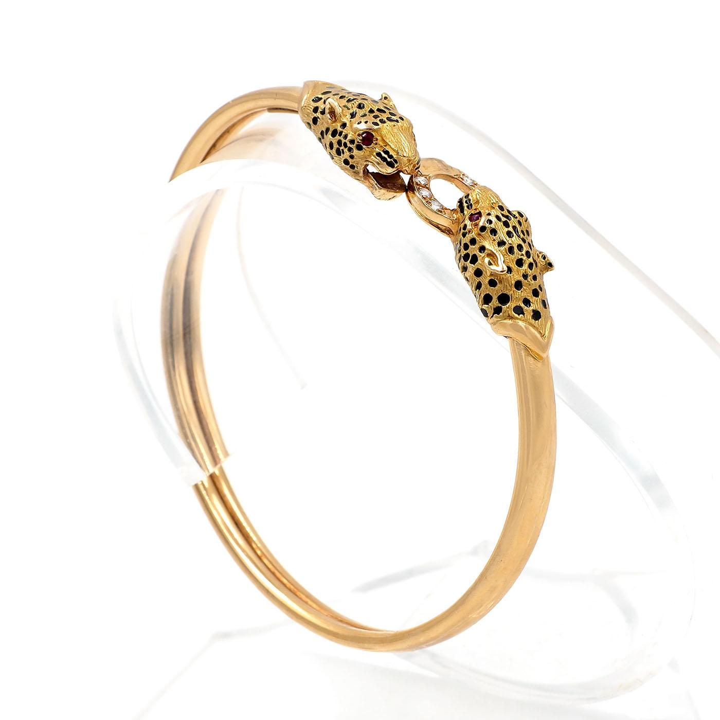 Vintage Double Panther Head & Diamond Cuff Bangle Bracelet by Gay Frères