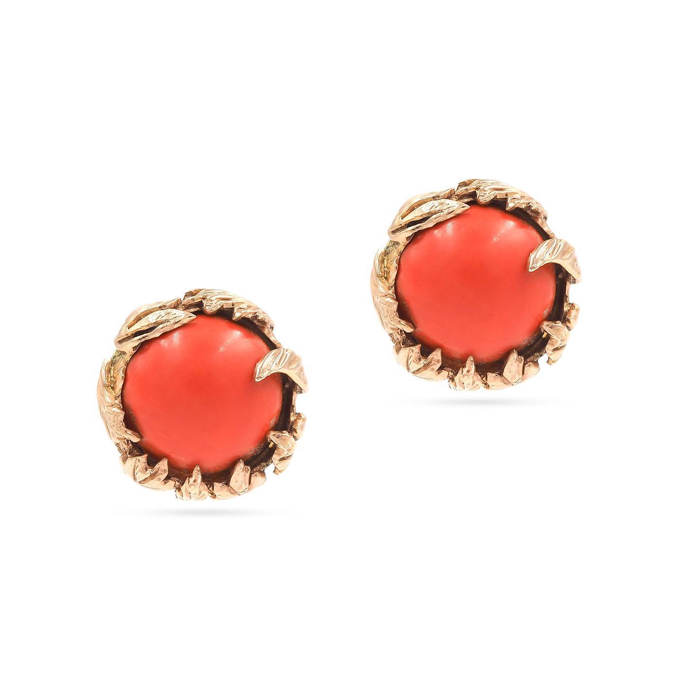 Vintage Round Coral Leaf-Motif Earrings