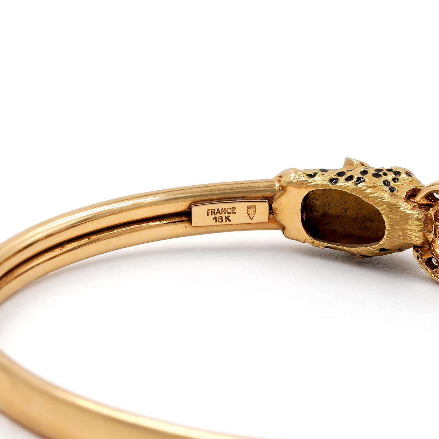Vintage Double Panther Head & Diamond Cuff Bangle Bracelet by Gay Frères