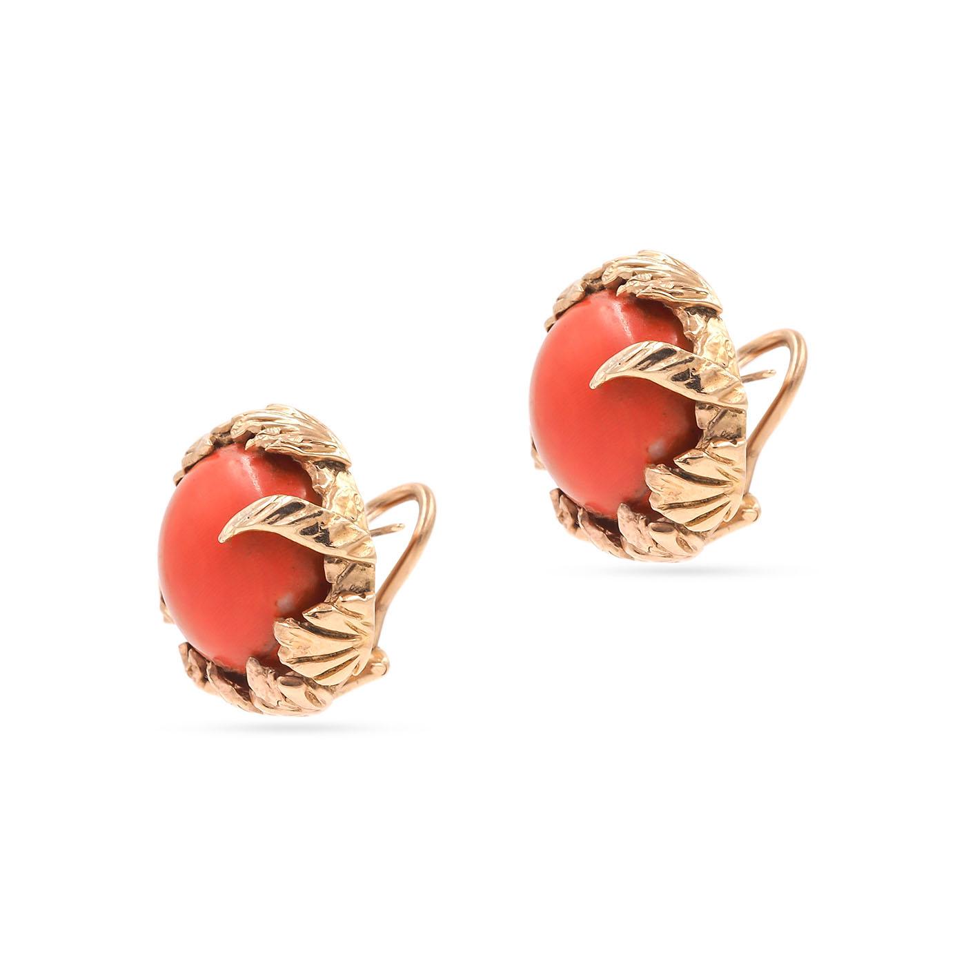 Vintage Round Coral Leaf-Motif Earrings