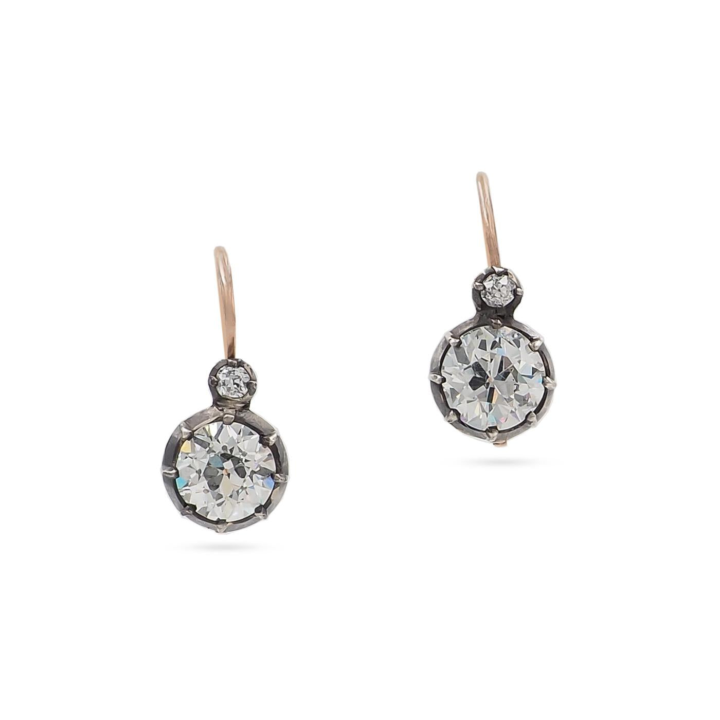 Victorian 0.85 Ct. & 0.80 Ct. Old European Cut Diamond Drop Earrings