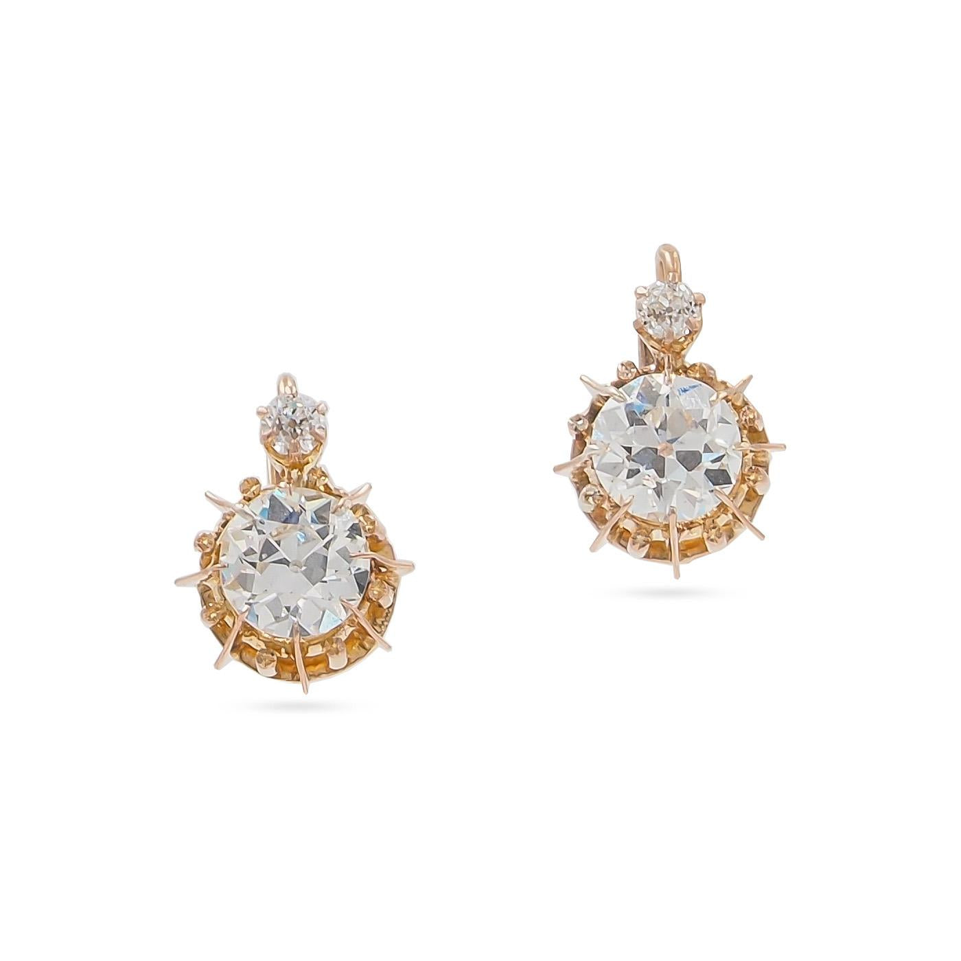 Victorian 1.17 Ct & 1.05 Ct. Old European Cut Diamond Drop Earrings