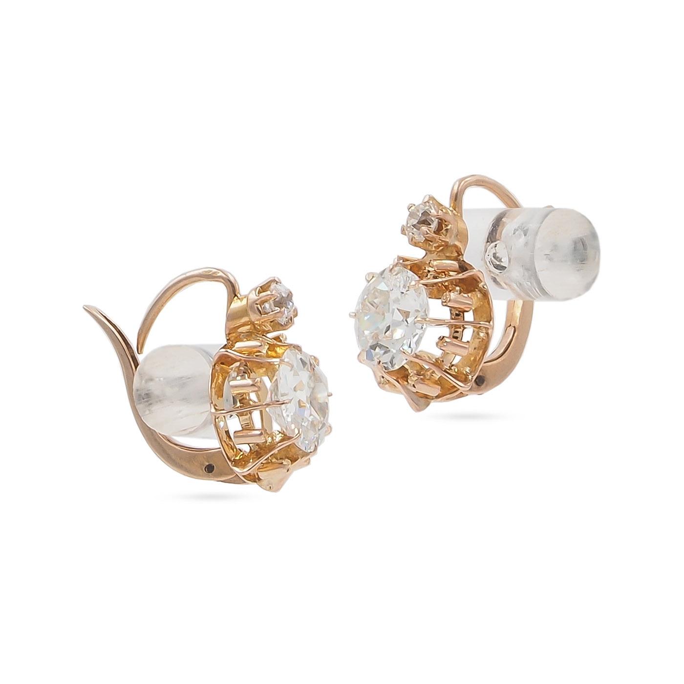 Victorian 1.17 Ct & 1.05 Ct. Old European Cut Diamond Drop Earrings