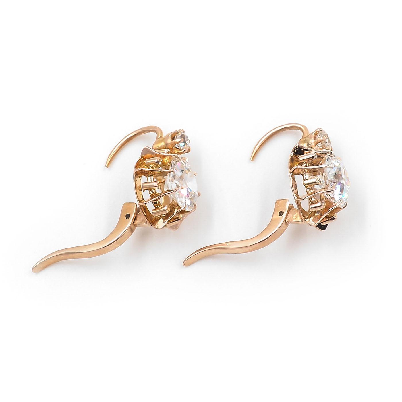 Victorian 1.17 Ct & 1.05 Ct. Old European Cut Diamond Drop Earrings
