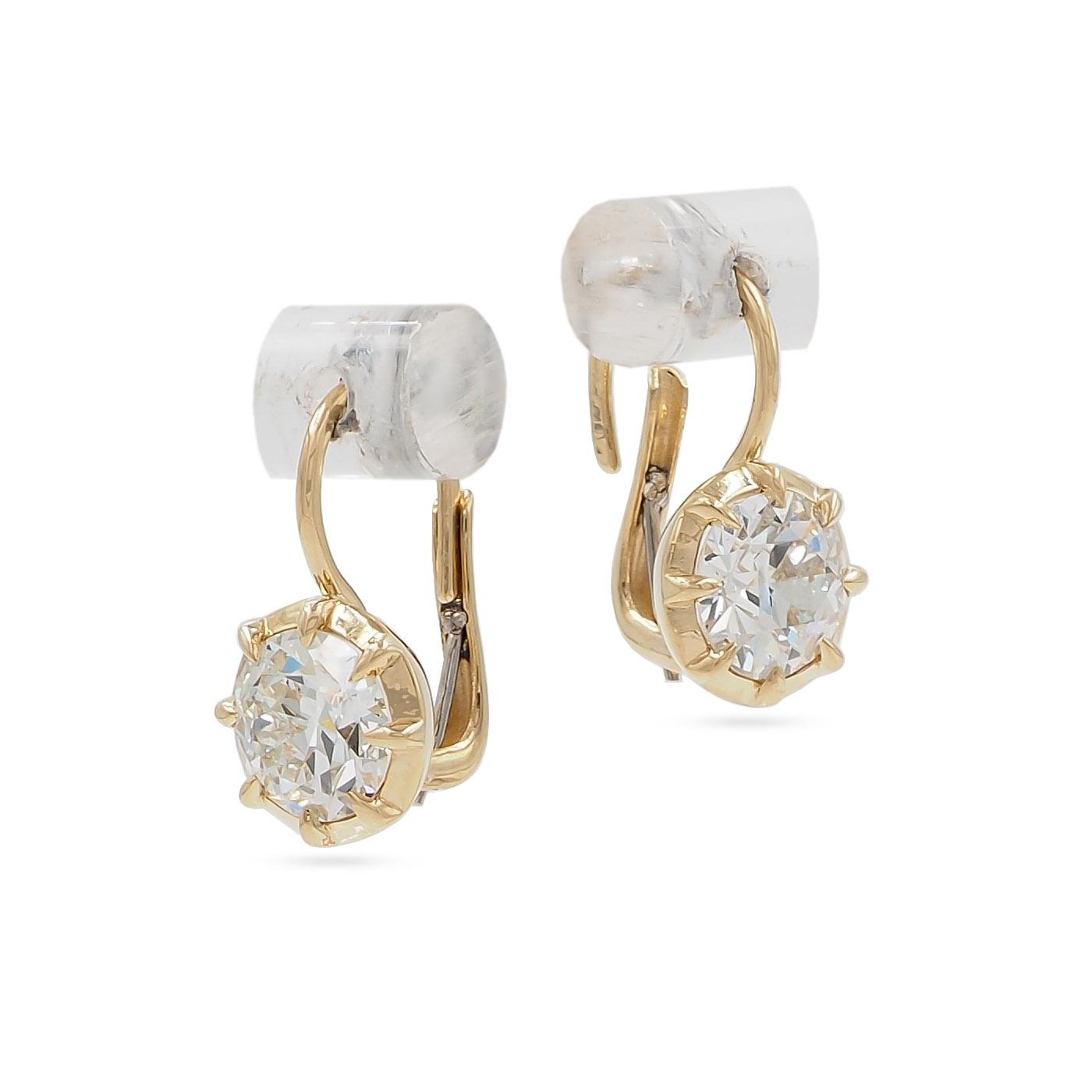 1.06 Ct. & 1.03 Ct. Old European Cut Diamond Claw-Prong Drop Earrings