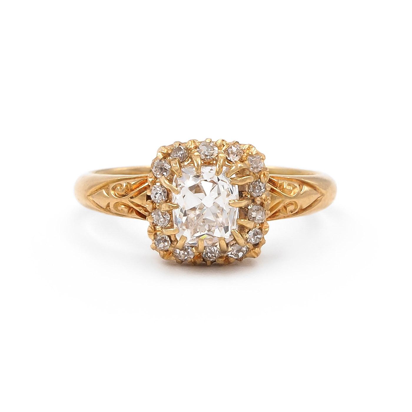 Victorian 1.17 Ct. Cushion-Shaped Old Mine Cut Diamond Cluster Engagement Ring