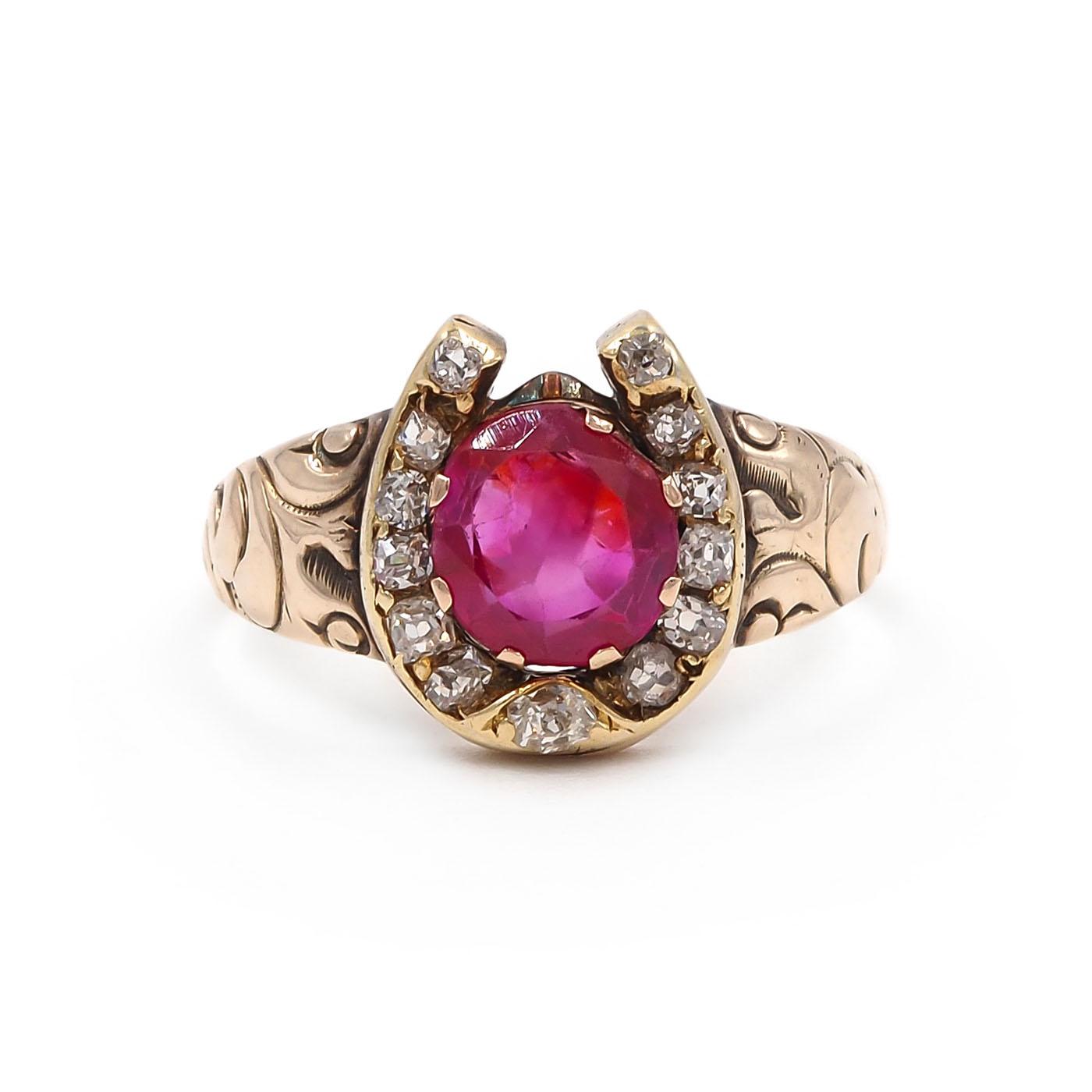 Victorian 1.00 Ct. Oval Cut Burma Ruby & Diamond Horseshoe Ring