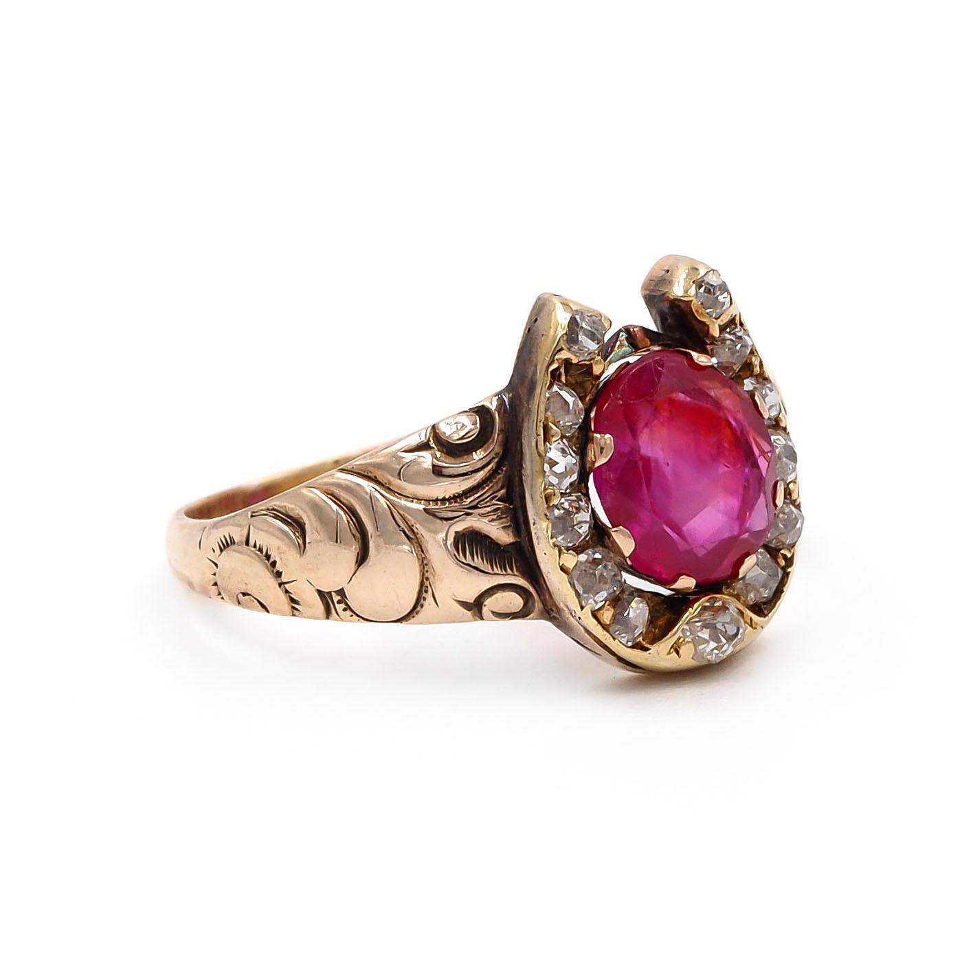 Victorian 1.00 Ct. Oval Cut Burma Ruby & Diamond Horseshoe Ring