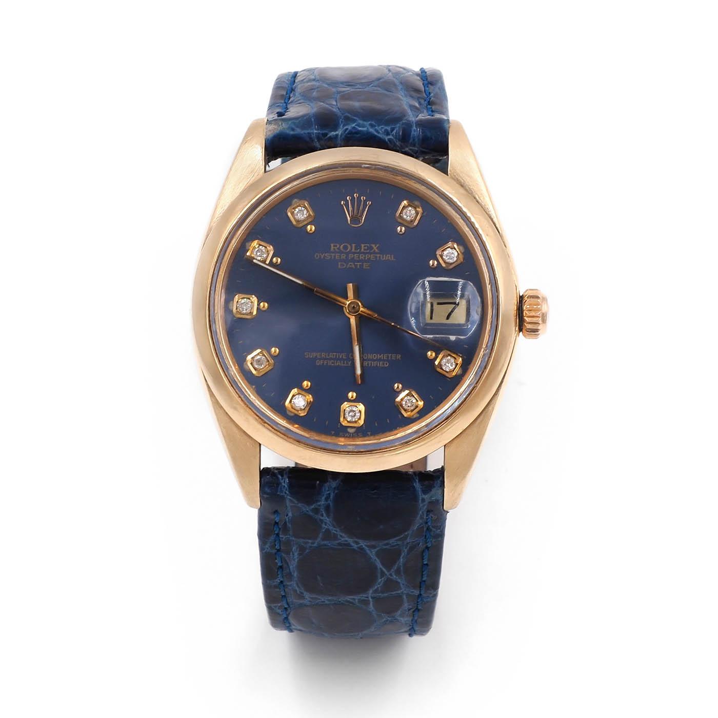 Vintage Datejust Blue Leather Watch with Diamonds by Rolex