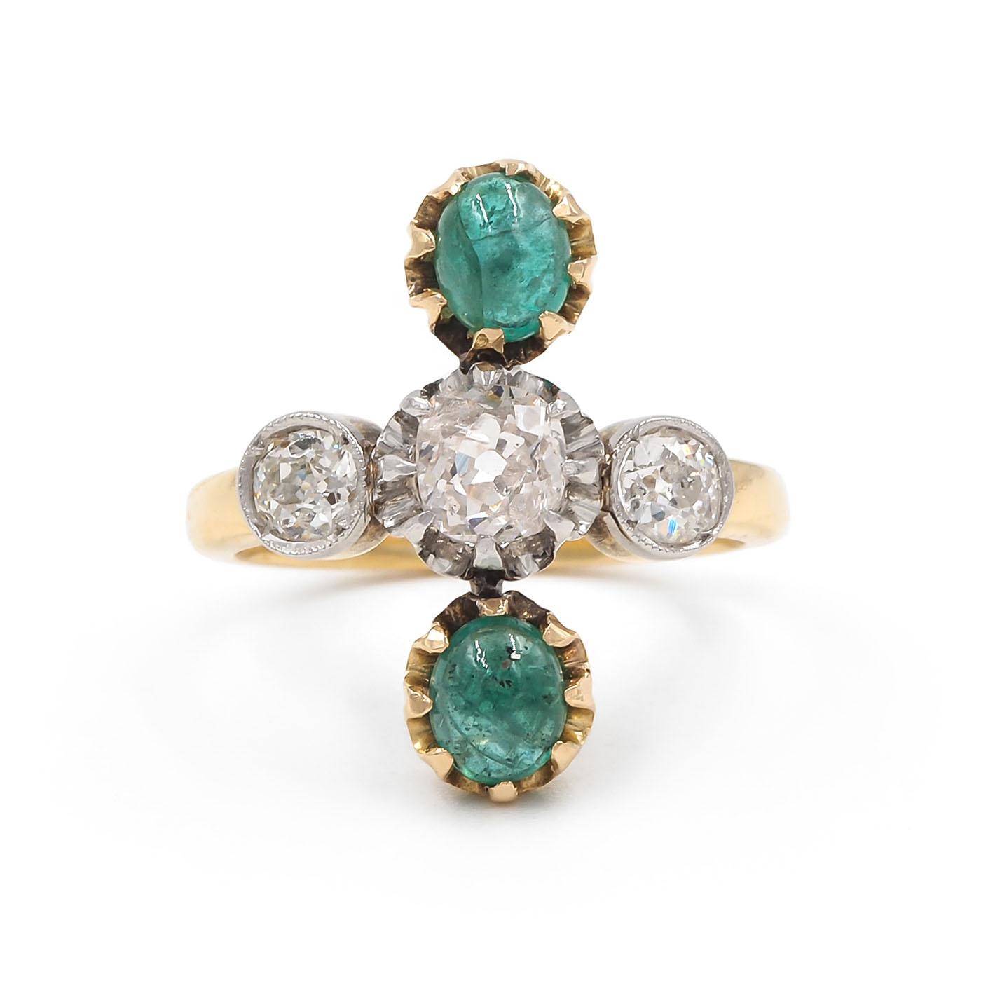 Edwardian 0.76 Ctw. Diamond & Emerald Vertical 3-Stone Ring