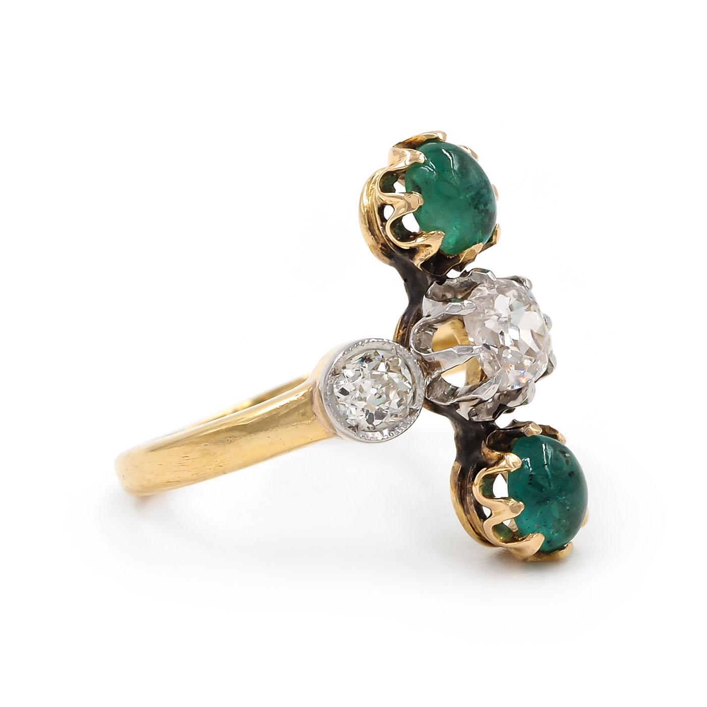 Edwardian 0.76 Ctw. Diamond & Emerald Vertical 3-Stone Ring