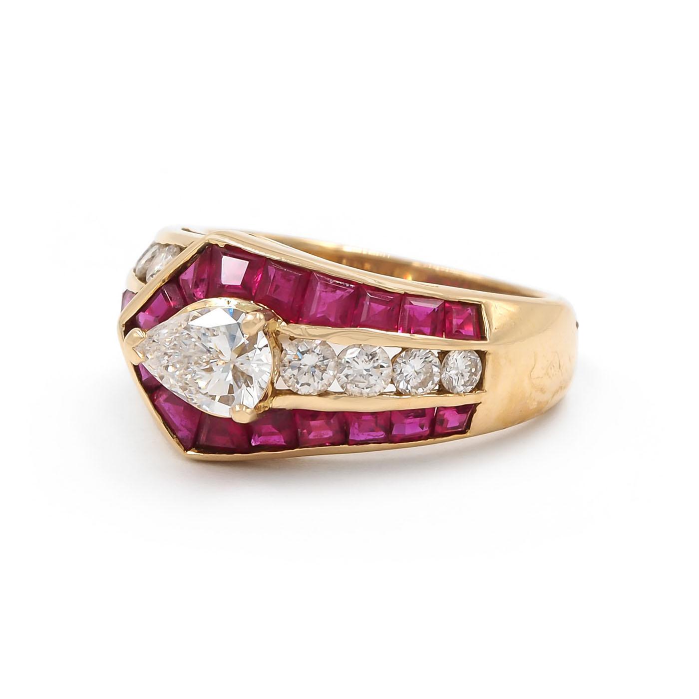 Vintage 0.53 Ct. Pear-Shaped Diamond & Ruby Freeform Buckle-Motif Ring