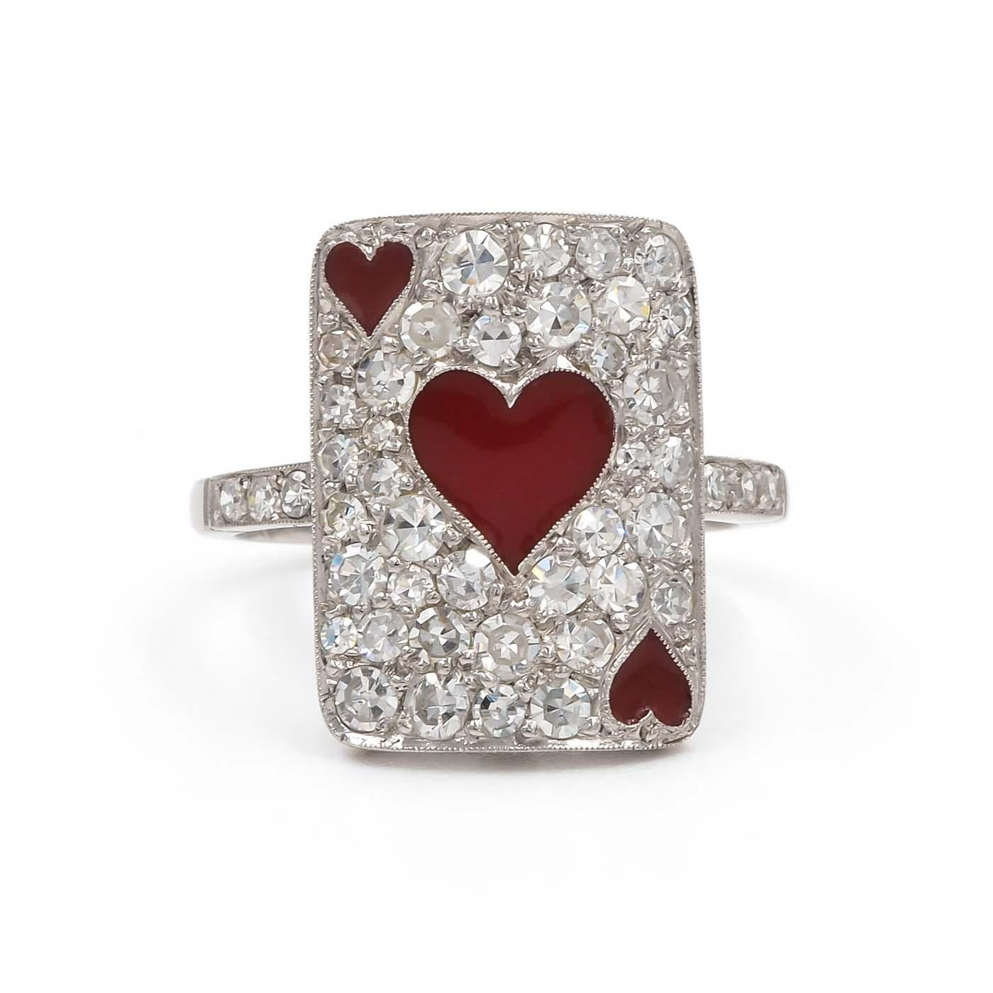 Art Deco Revival 1.27 Ctw. Single Cut Diamond & Enamel 'Hearts' Ring