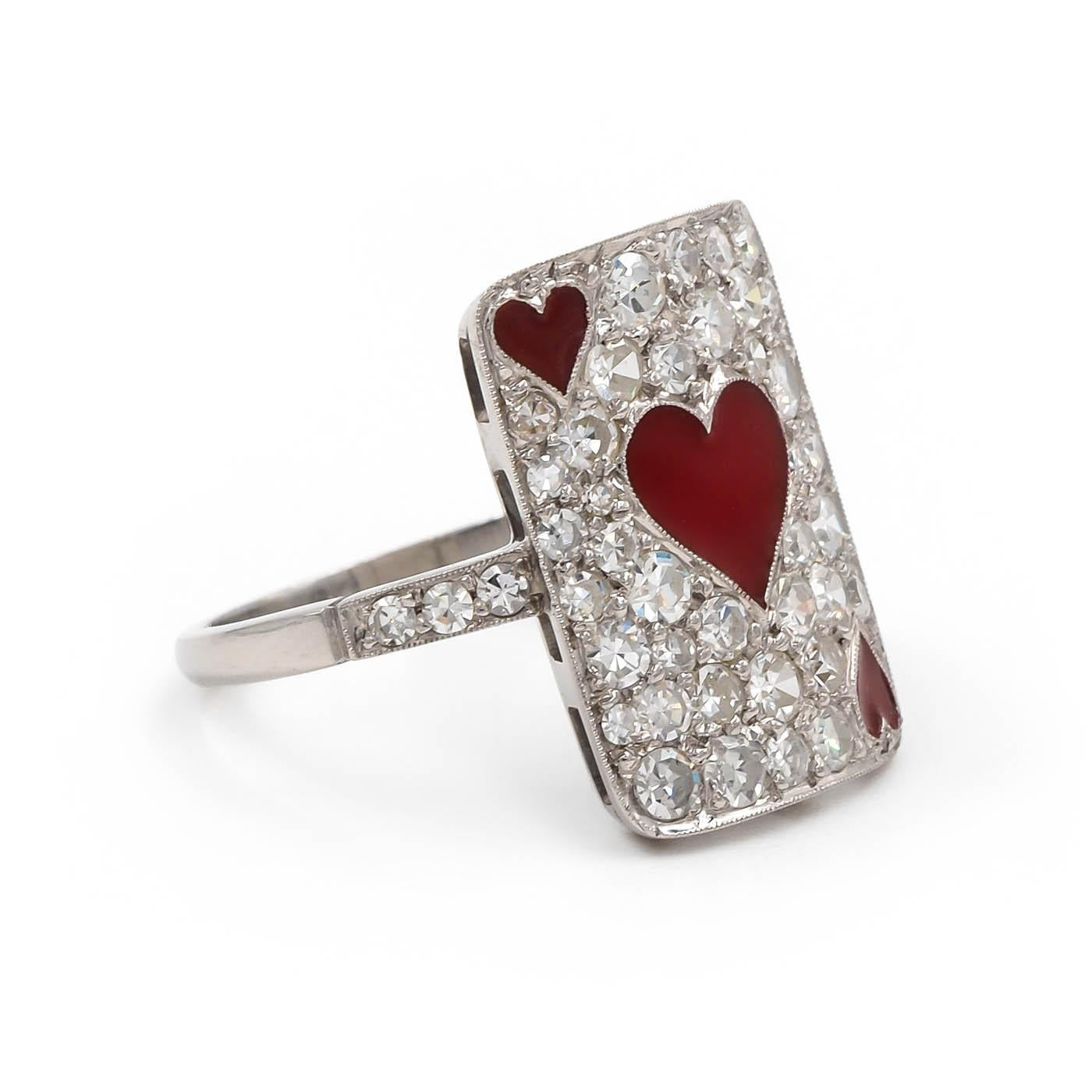 Art Deco Revival 1.27 Ctw. Single Cut Diamond & Enamel 'Hearts' Ring
