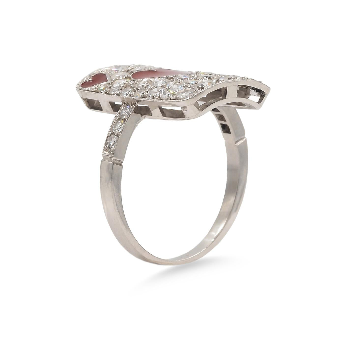 Art Deco Revival 1.27 Ctw. Single Cut Diamond & Enamel 'Hearts' Ring