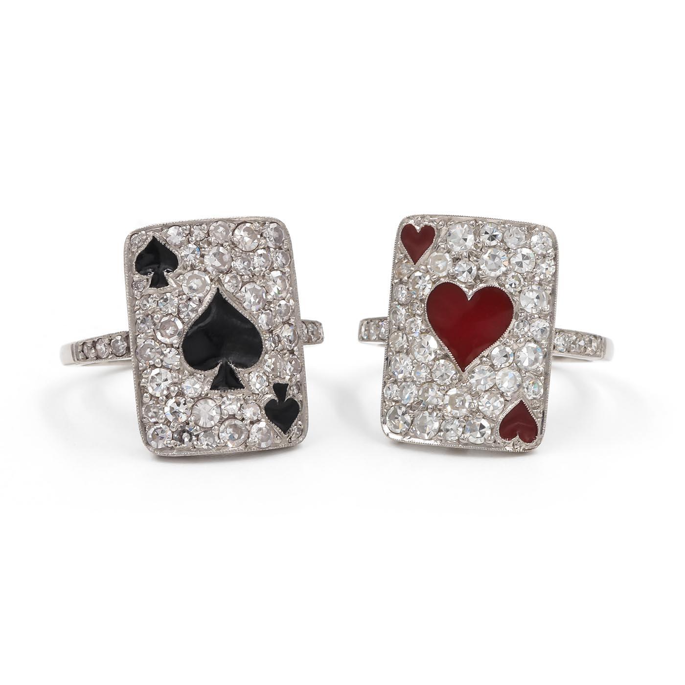 Art Deco Revival 1.27 Ctw. Single Cut Diamond & Enamel 'Hearts' Ring