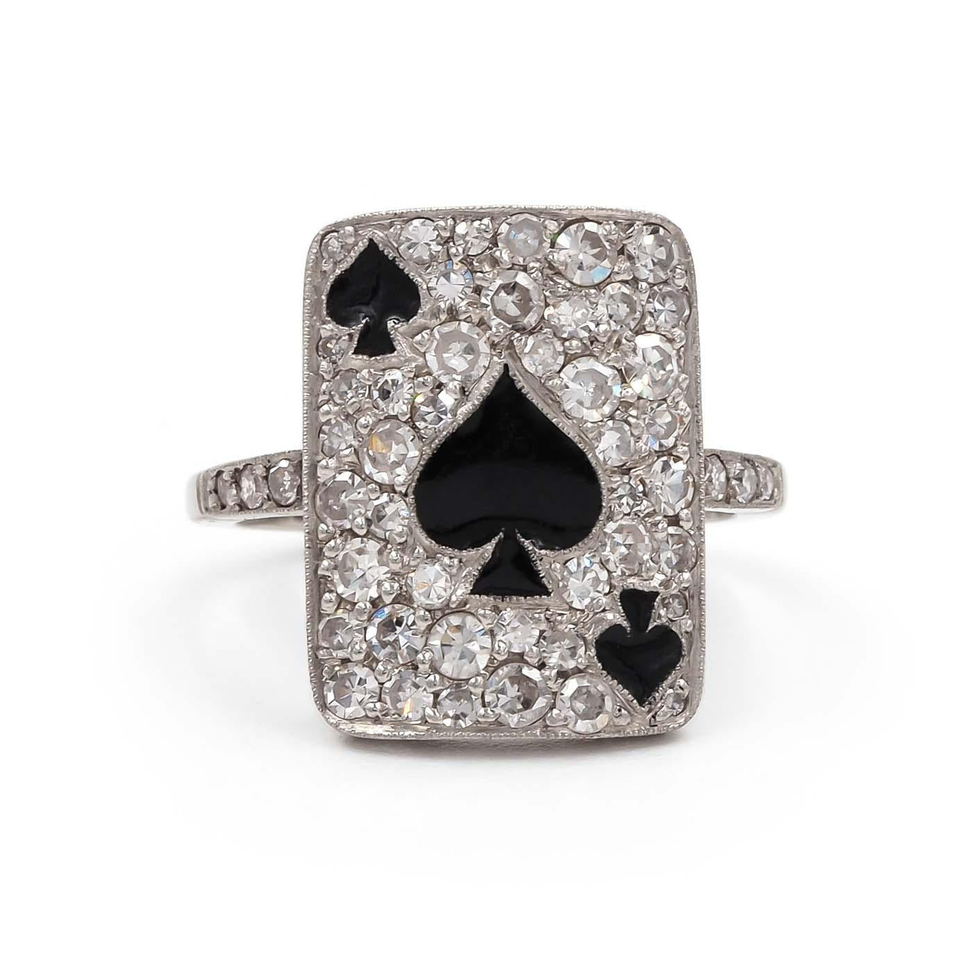 Art Deco Revival 1.35 Ctw. Single Cut Diamond & Enamel 'Spades' Ring