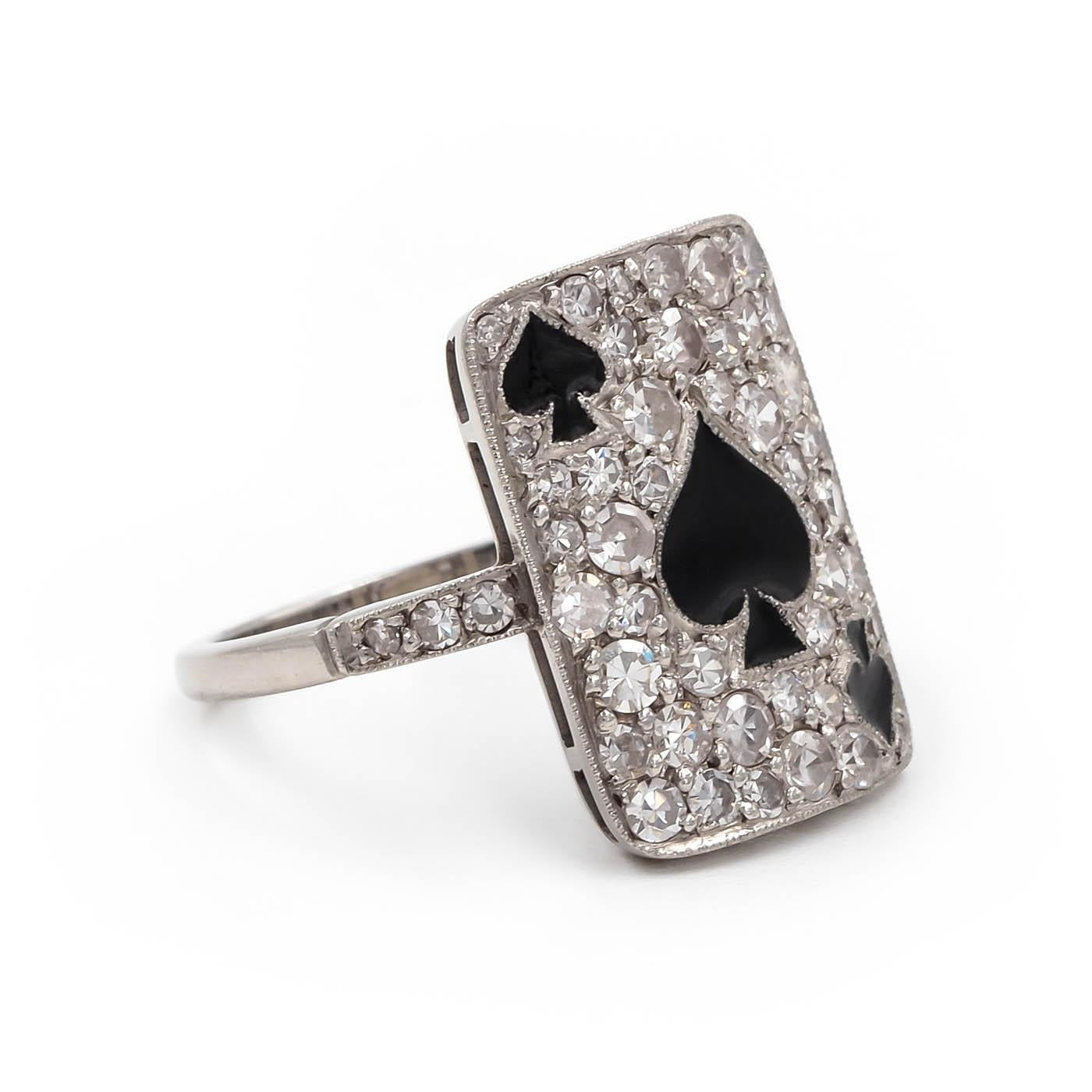 Art Deco Revival 1.35 Ctw. Single Cut Diamond & Enamel 'Spades' Ring