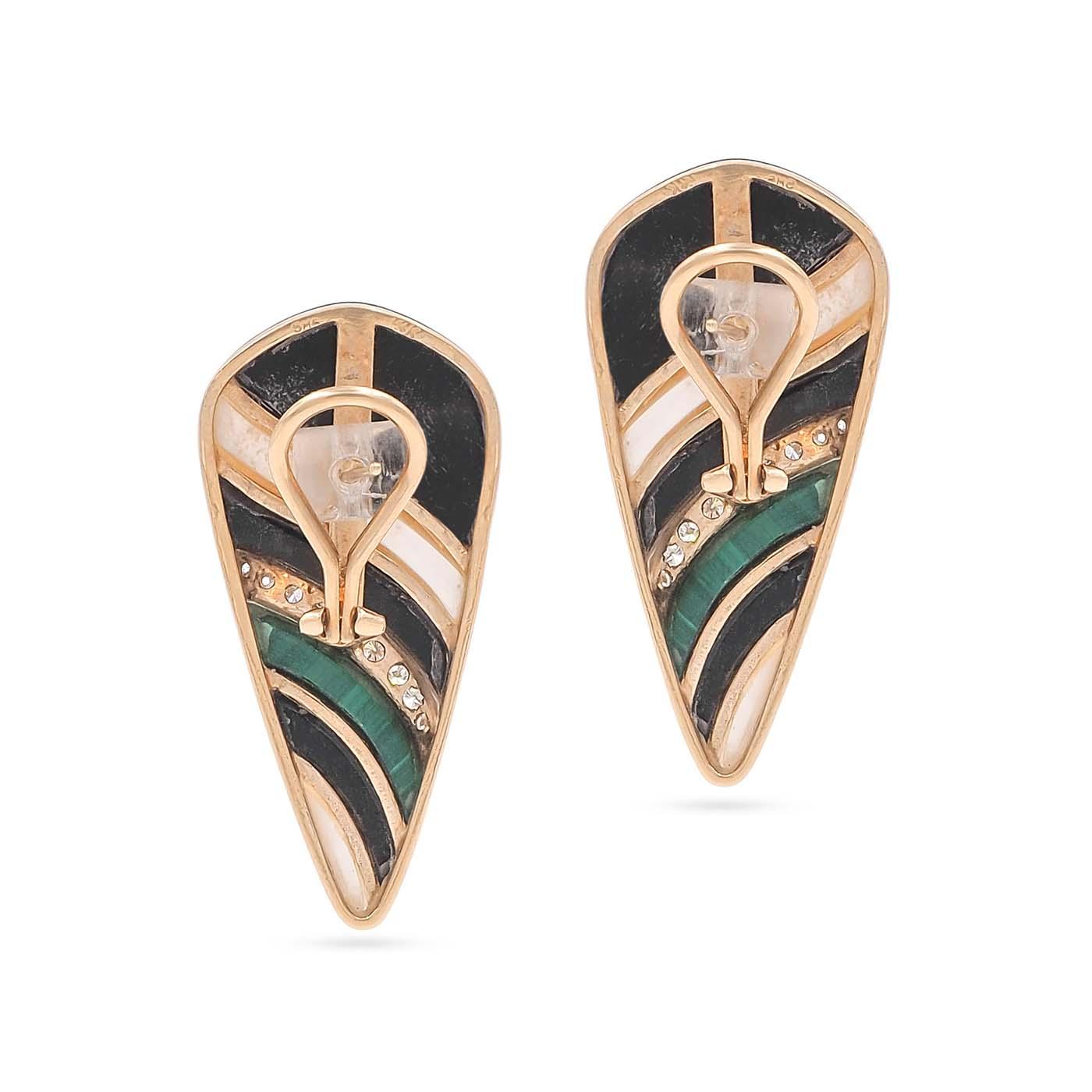 Vintage Striped Gemstone-Inlay Torpedo-Shaped Earrings
