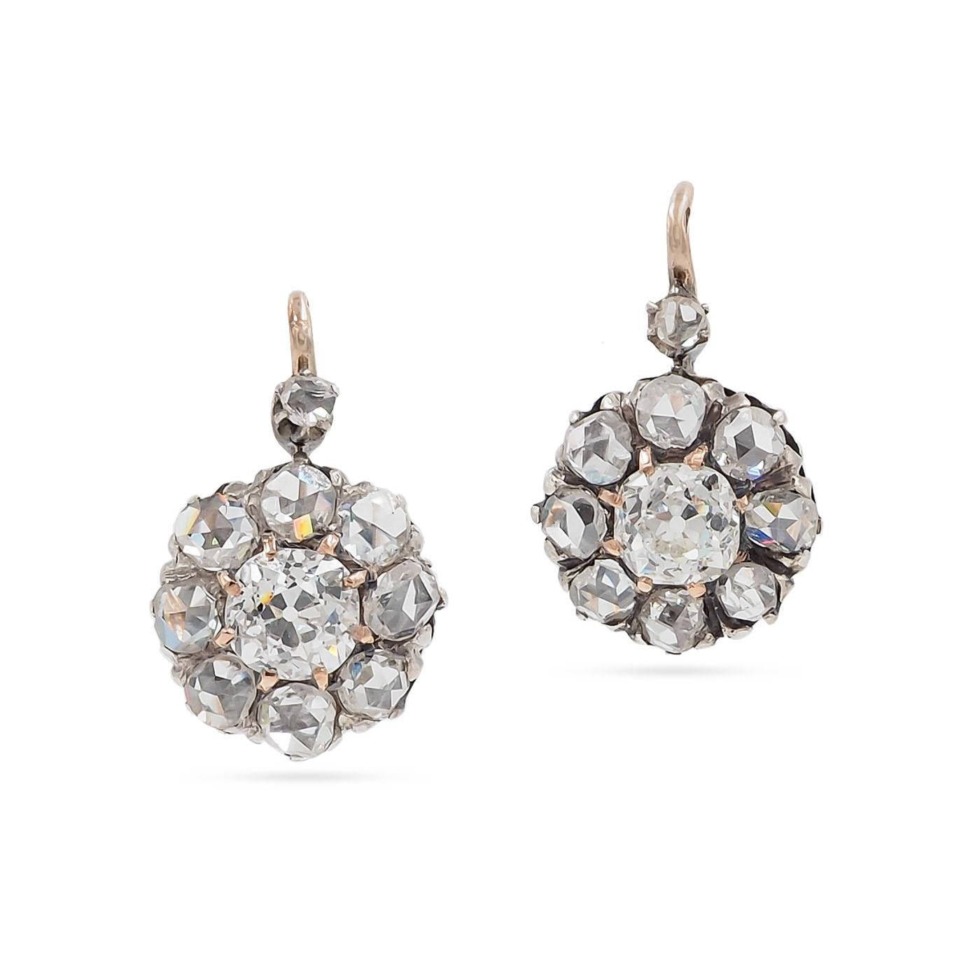 Victorian 1.32 Ctw. Old Mine Cut Diamond Cluster Drop Earrings
