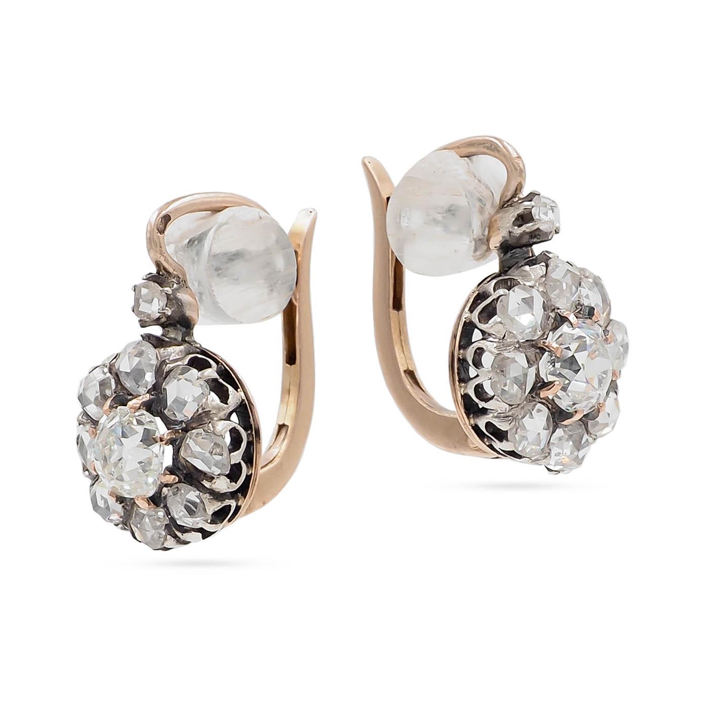 Victorian 1.32 Ctw. Old Mine Cut Diamond Cluster Drop Earrings