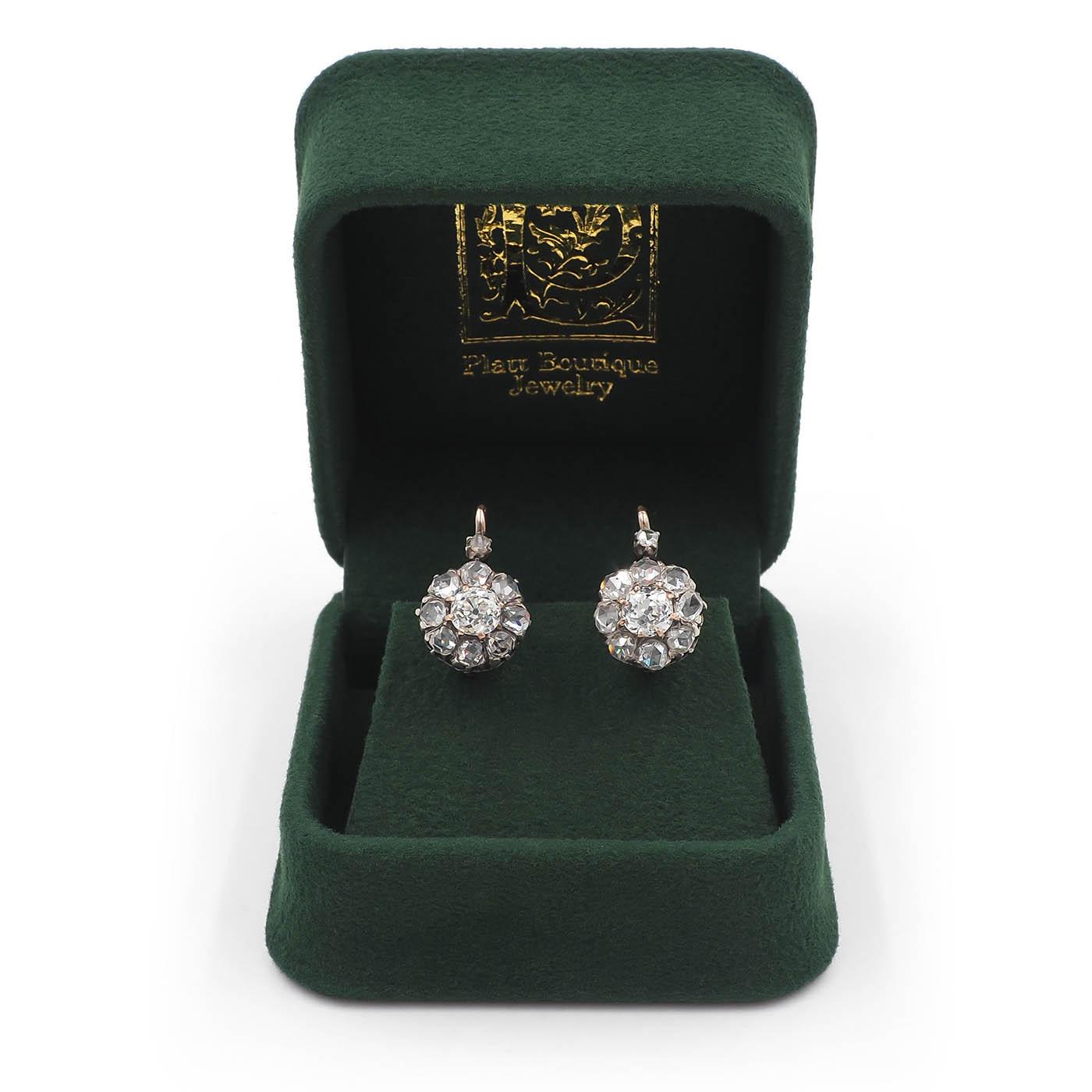 Victorian 1.32 Ctw. Old Mine Cut Diamond Cluster Drop Earrings