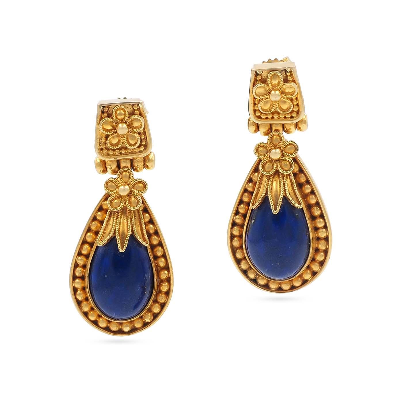 Vintage Etruscan-Revival Lapis Lazuli & Ornate Gold Bead Drop Earrings