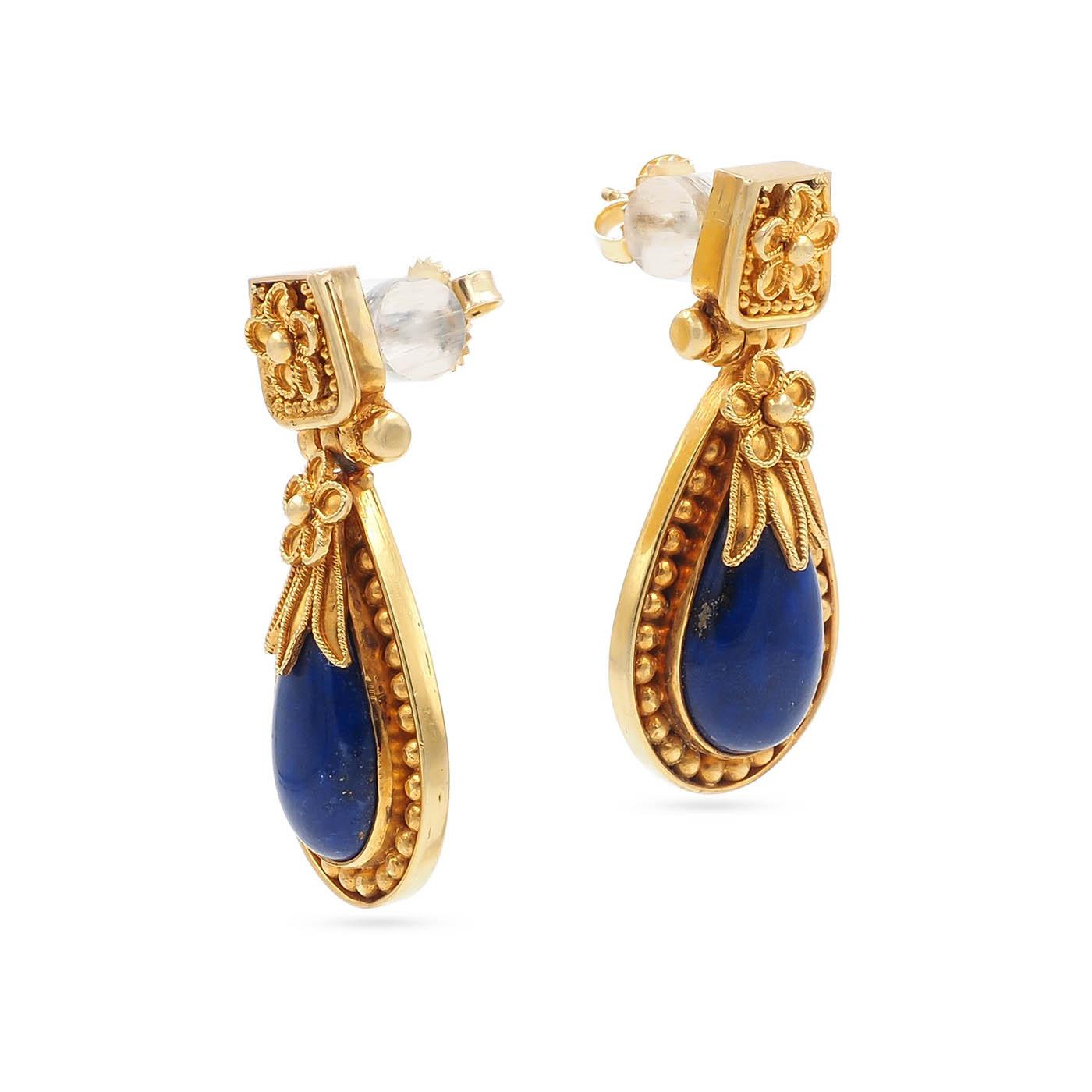 Vintage Etruscan-Revival Lapis Lazuli & Ornate Gold Bead Drop Earrings