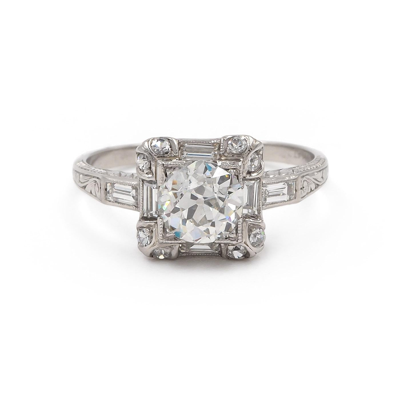 Art Deco 1.11 Ct. Old European Cut Diamond Square-Motif Engagement Ring