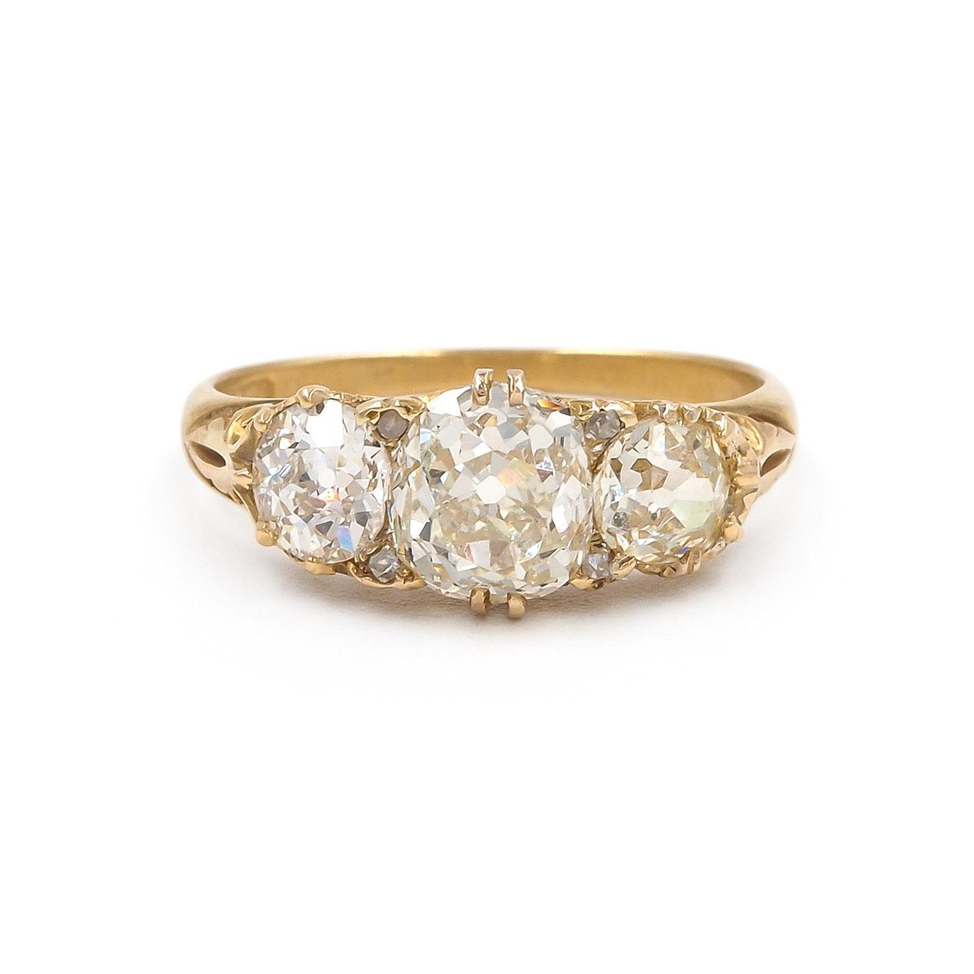 Late Victorian 1.72 Ct. Old Mine Cut Diamond 3-Stone Engagement Ring