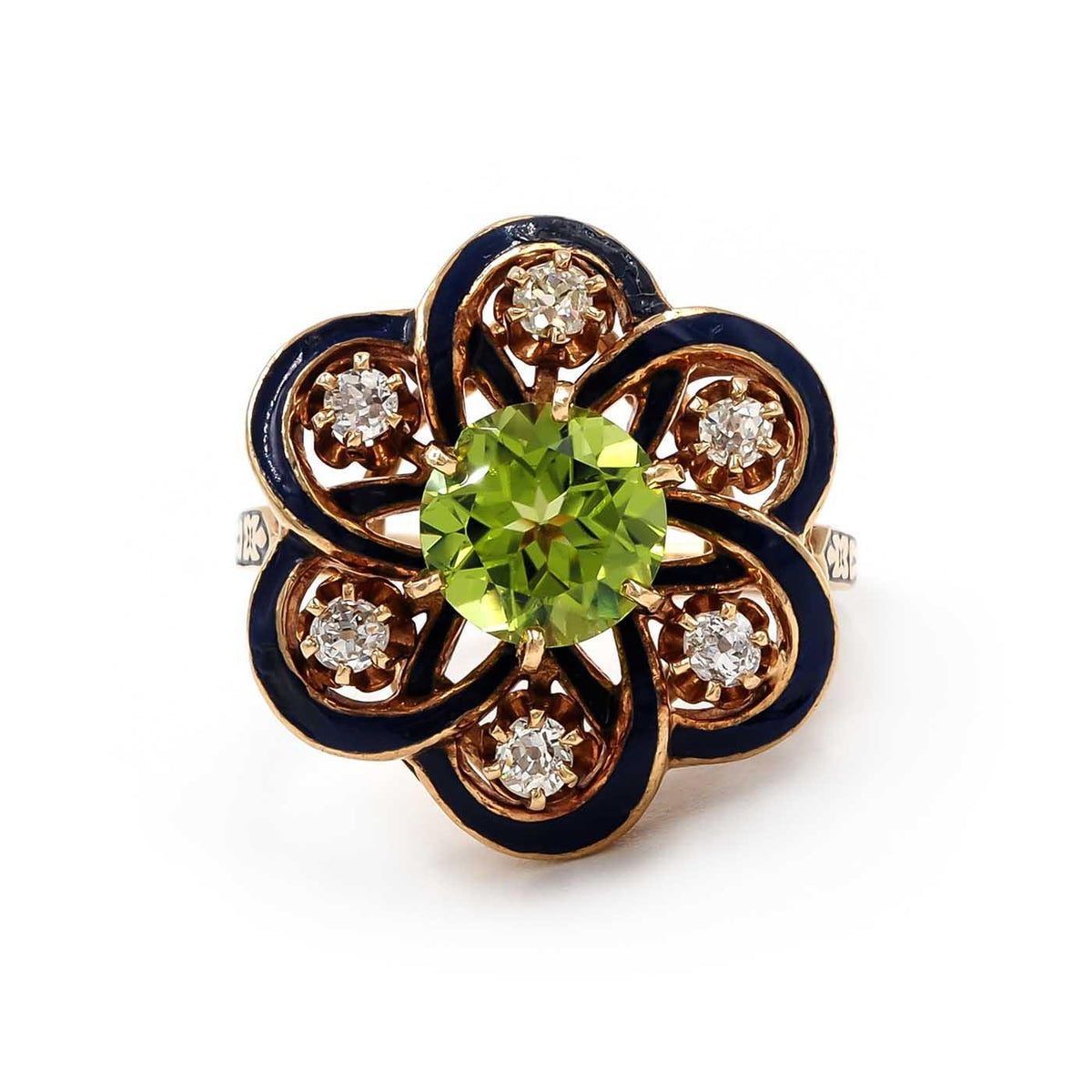 Victorian 1.85 Ct. Peridot, Diamond, & Blue Enamel Ornate Dinner Ring