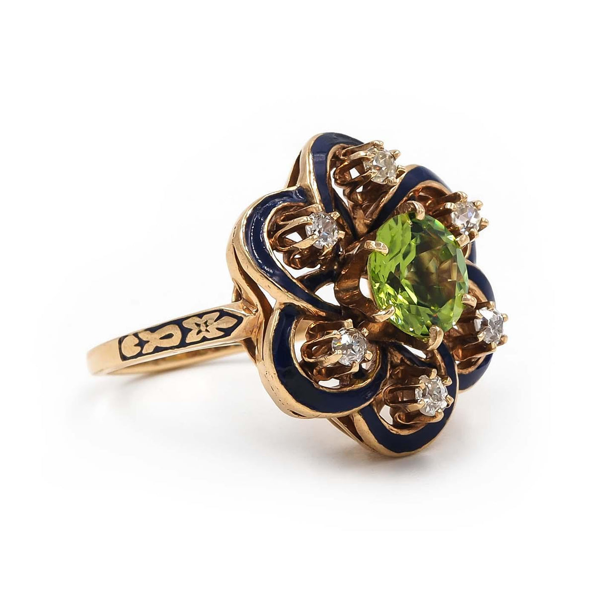 Victorian 1.85 Ct. Peridot, Diamond, & Blue Enamel Ornate Dinner Ring