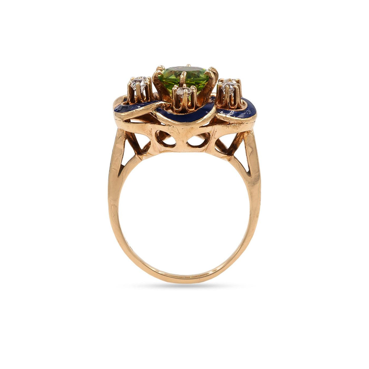 Victorian 1.85 Ct. Peridot, Diamond, & Blue Enamel Ornate Dinner Ring