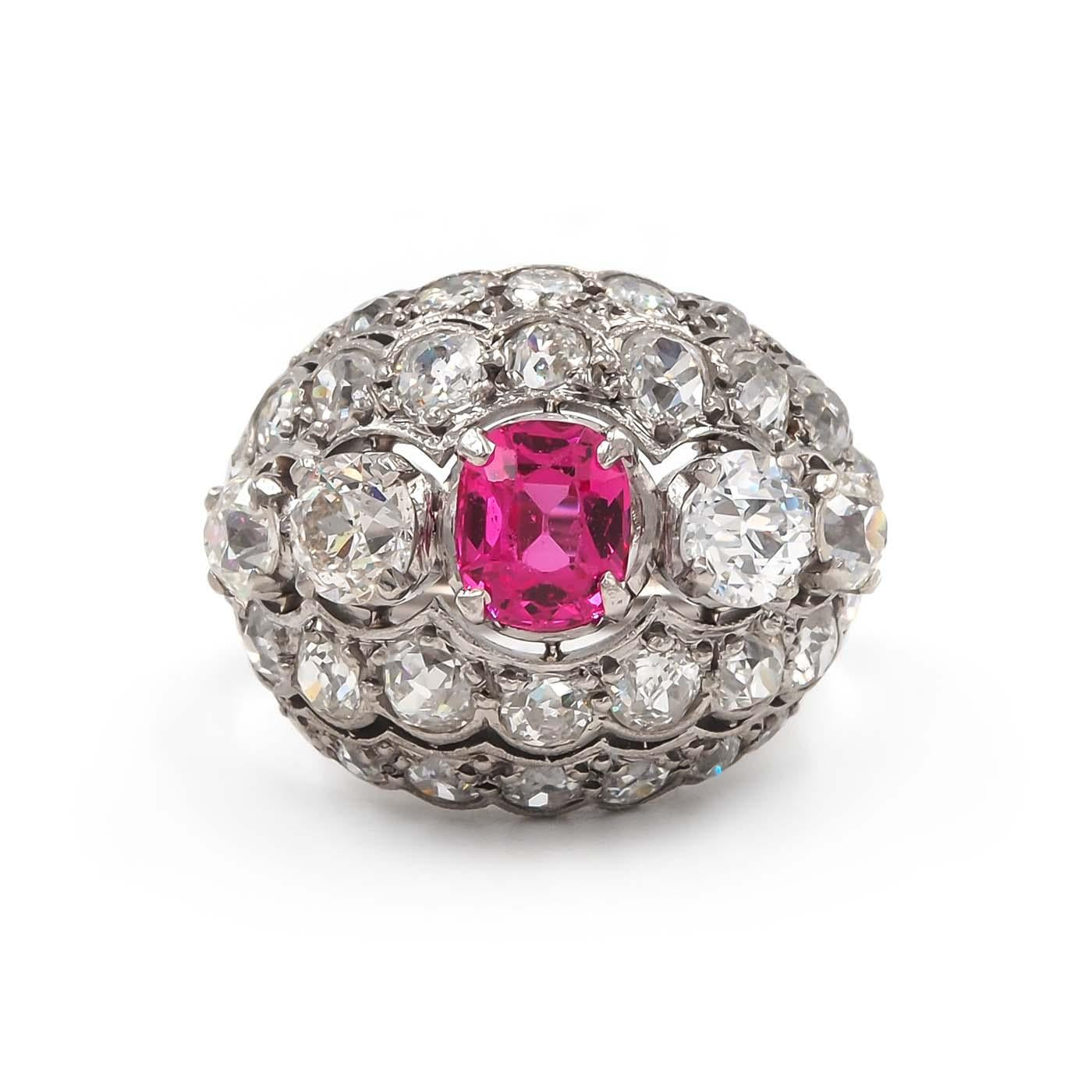 Art Deco 1.07 Ct. Pink Spinel & 4.68 Ctw. Diamond Domed Cluster Ring