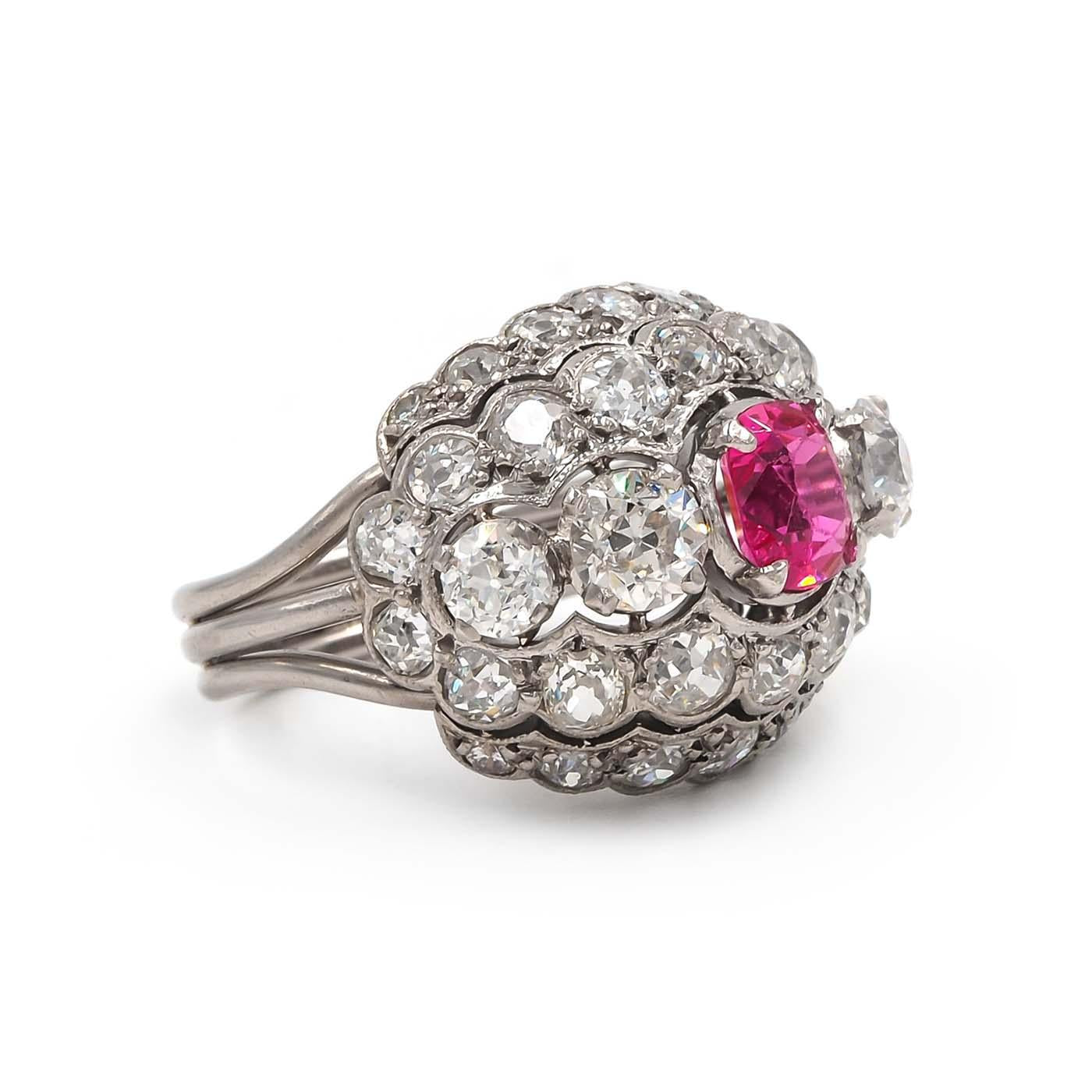 Art Deco 1.07 Ct. Pink Spinel & 4.68 Ctw. Diamond Domed Cluster Ring