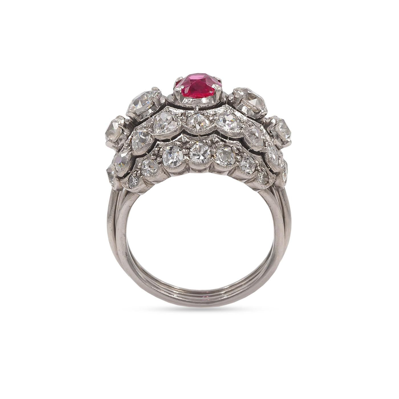 Art Deco 1.07 Ct. Pink Spinel & 4.68 Ctw. Diamond Domed Cluster Ring