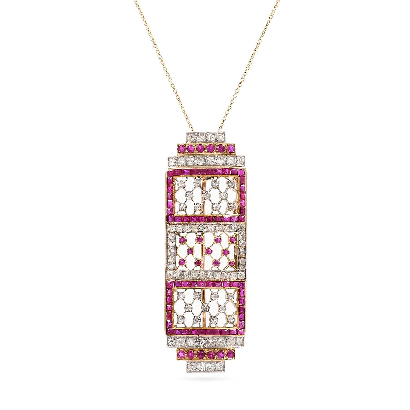 Art Deco 2.00 Ctw. Diamond & 3.82 Ctw. Ruby Geometric Lace-Motif Brooch/Pendant