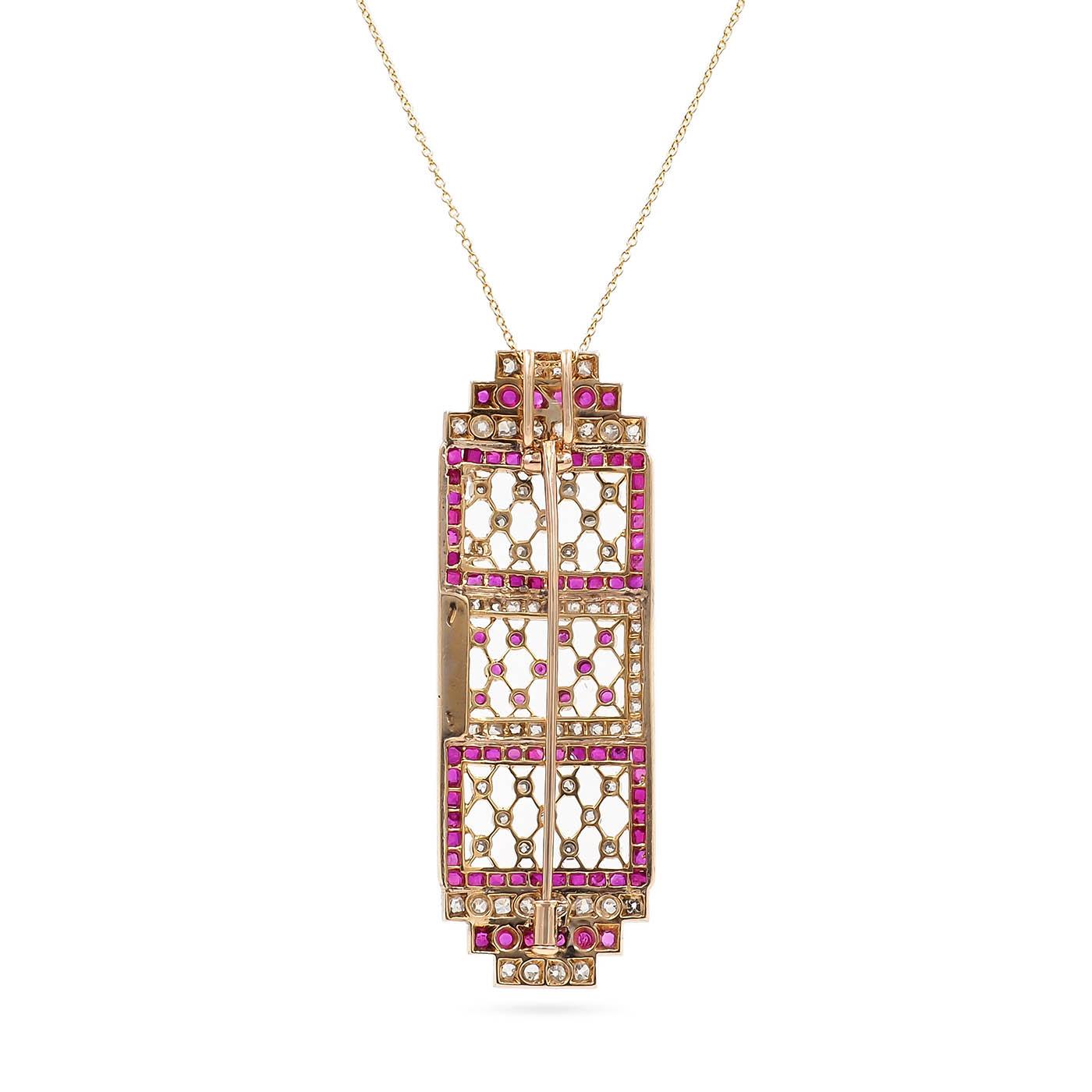 Art Deco 2.00 Ctw. Diamond & 3.82 Ctw. Ruby Geometric Lace-Motif Brooch/Pendant
