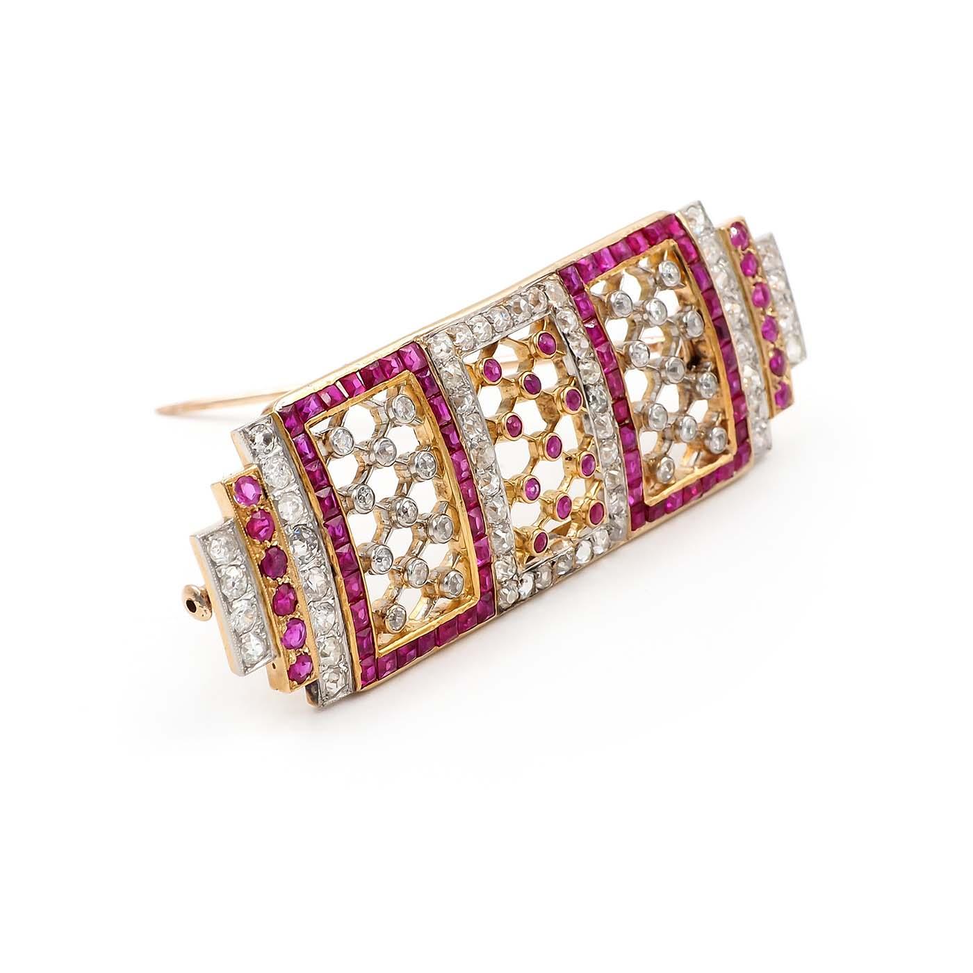 Art Deco 2.00 Ctw. Diamond & 3.82 Ctw. Ruby Geometric Lace-Motif Brooch/Pendant