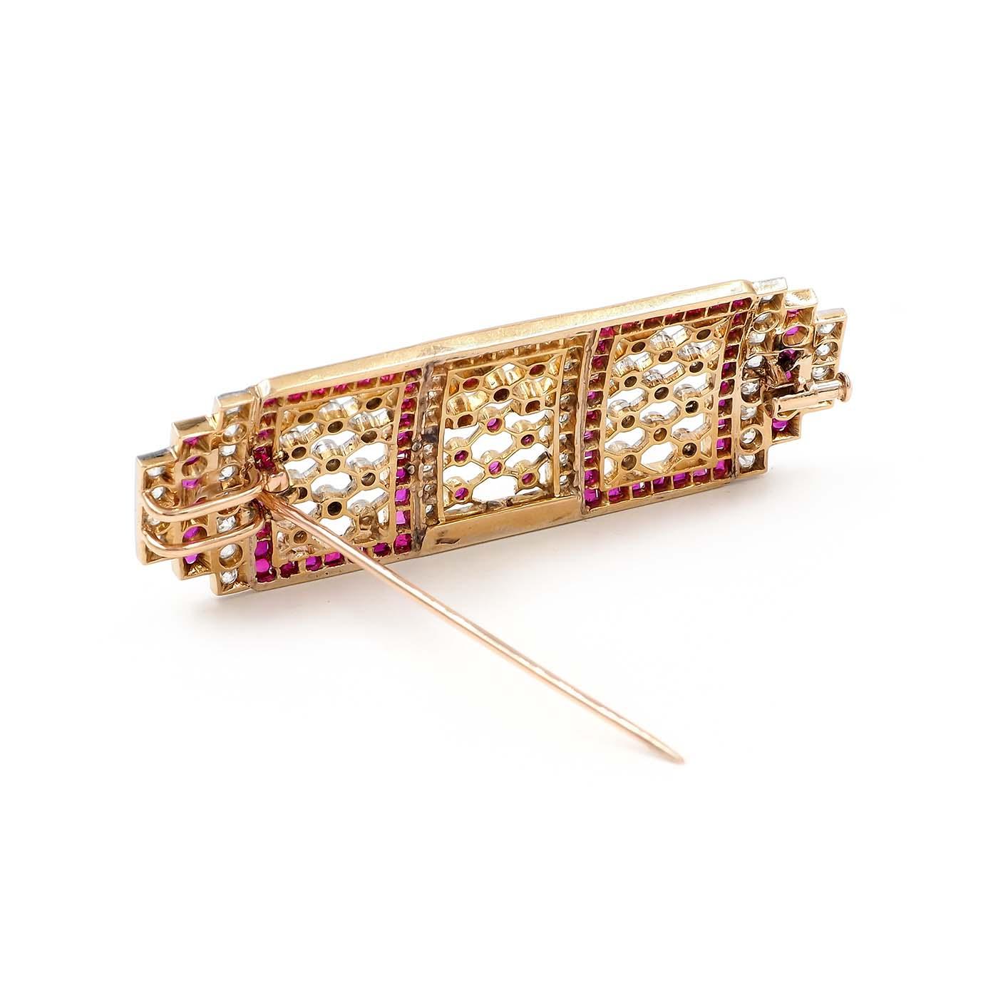 Art Deco 2.00 Ctw. Diamond & 3.82 Ctw. Ruby Geometric Lace-Motif Brooch/Pendant