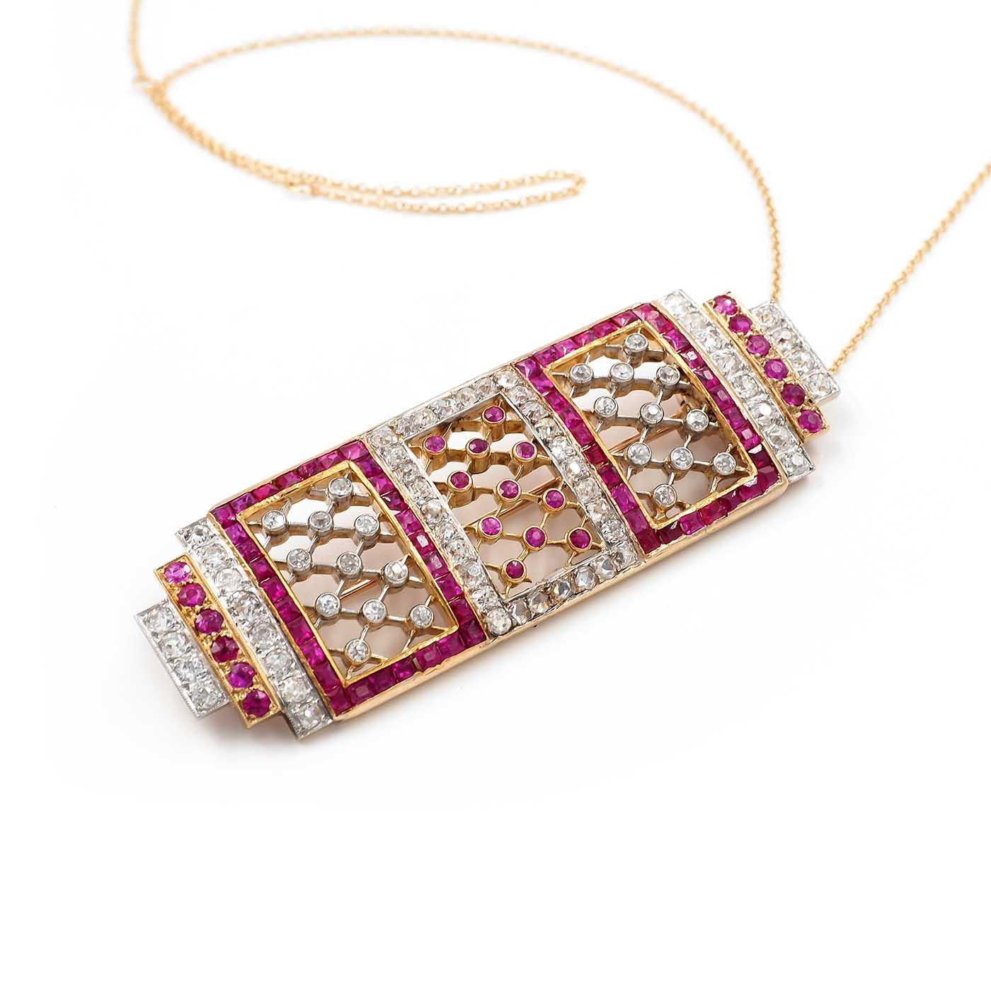 Art Deco 2.00 Ctw. Diamond & 3.82 Ctw. Ruby Geometric Lace-Motif Brooch/Pendant
